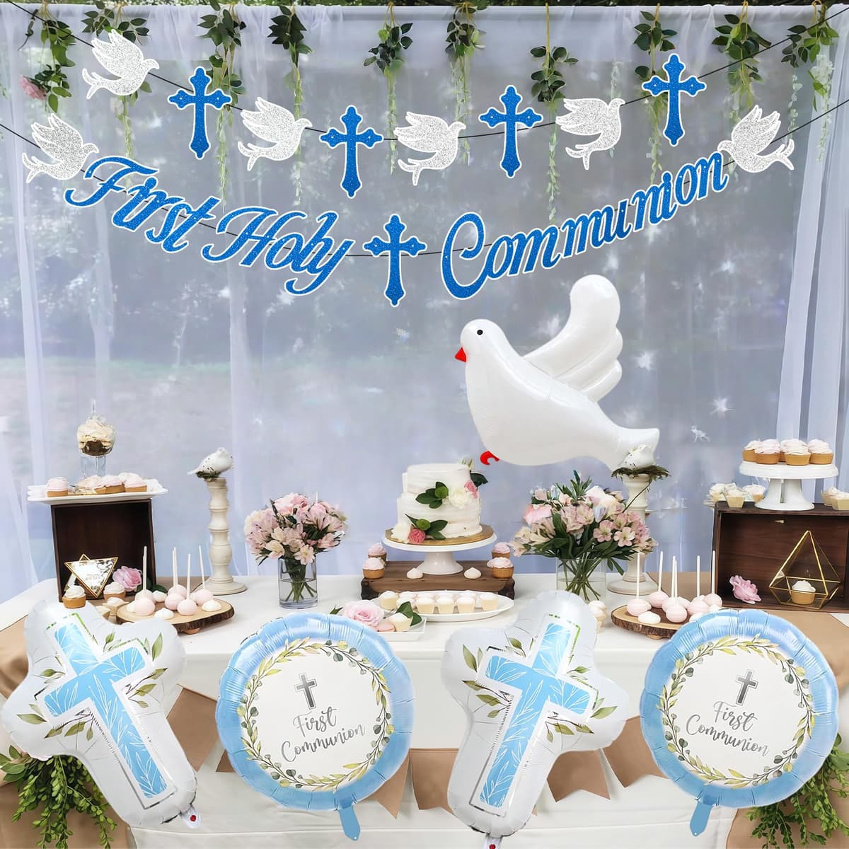 First Holy Communion Decorations Blue Set Communion Banner Communion Foil Balloons Dove Cross Party Supplies Boys Girls First Communion Decorations Confirmation Decorations Church Party Backdrop Kit — view 4