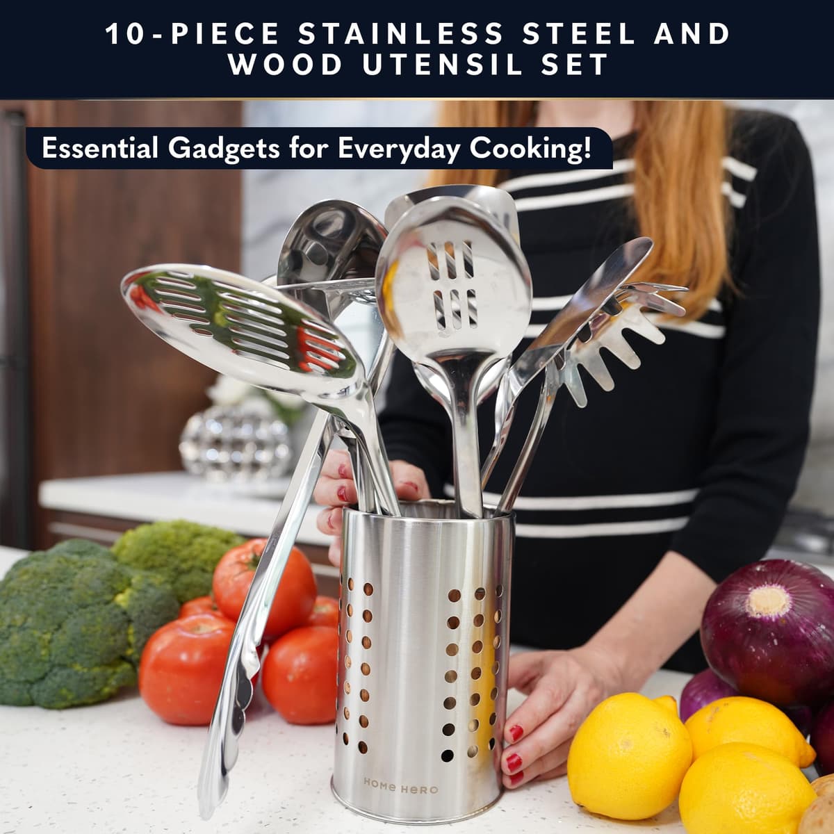 Home Hero Stainless Steel Kitchen Utensils Set - Nonstick Cooking Utensils Set - Heat Resistant Kitchen Essentials & Metal Kitchen Gadgets (10 pcs - Wood and Stainless Steel) — view 2