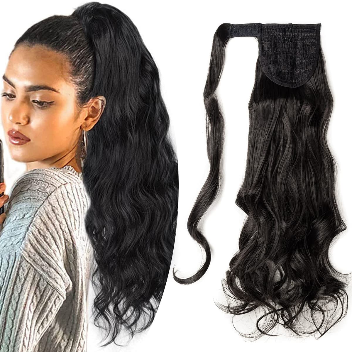 17"(43cm) SEGO Ponytail Long Synthetic Hair Looks Natural [Red Brown/Orange] Clip in Hair Extensions Curly Tail Ponytail Extension (90g) — view 102