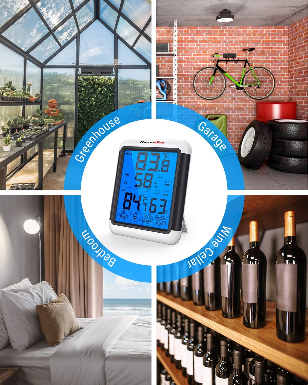 ThermoPro TP65C Digital Wireless Hygrometer Indoor Outdoor Thermometer Wireless Temperature and Humidity Monitor with Touchscreen Backlight Weather Station, 500 Feet or 150 Meter Range — view 4