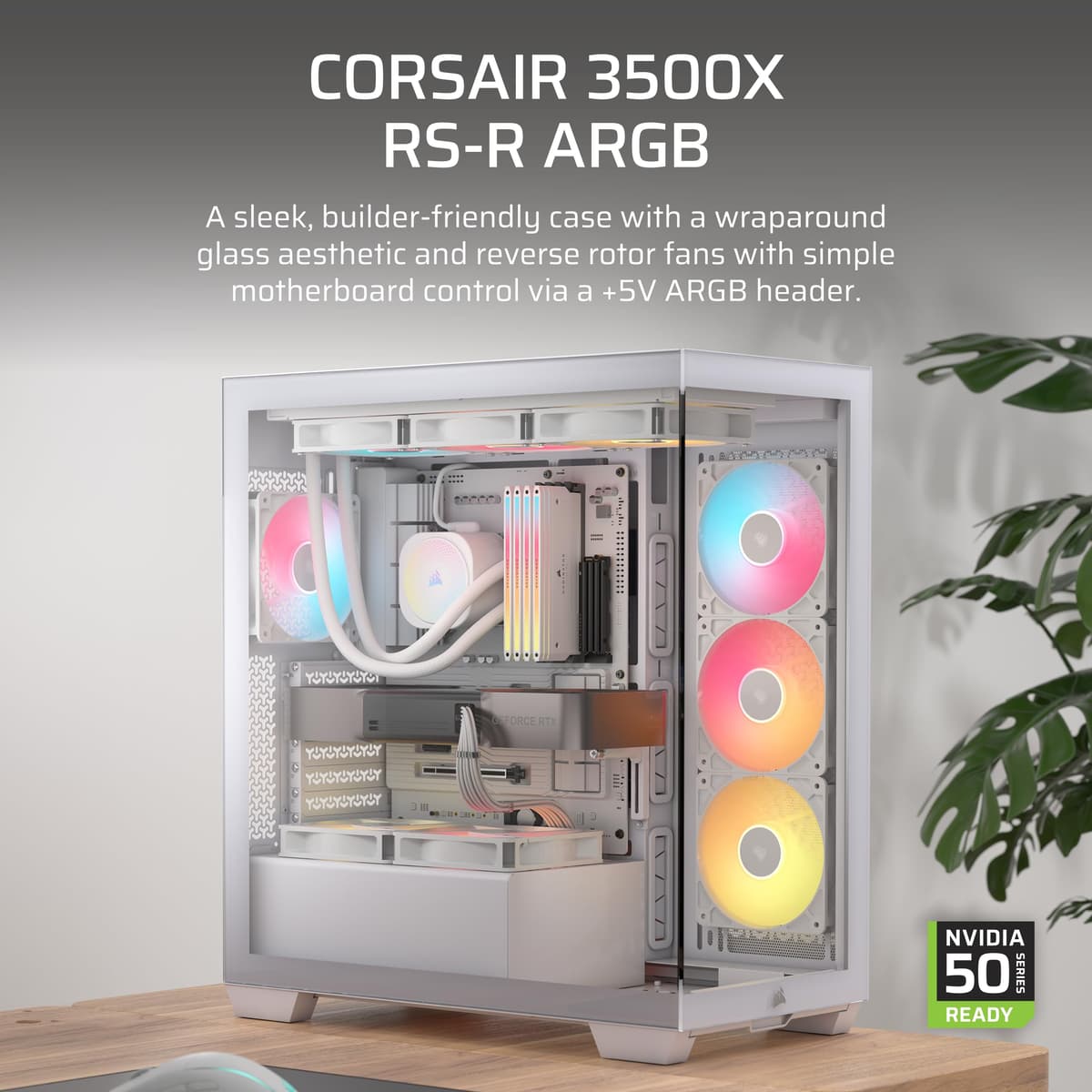 CORSAIR 3500X RS-R ARGB Panoramic Mid-Tower PC Case – 3x Pre-Installed RS120-R ARGB Fans, GPU Anti-Sag Arm, Fits up to 10x 120mm Fans, Reverse Connection Motherboard Compatible – White — view 2