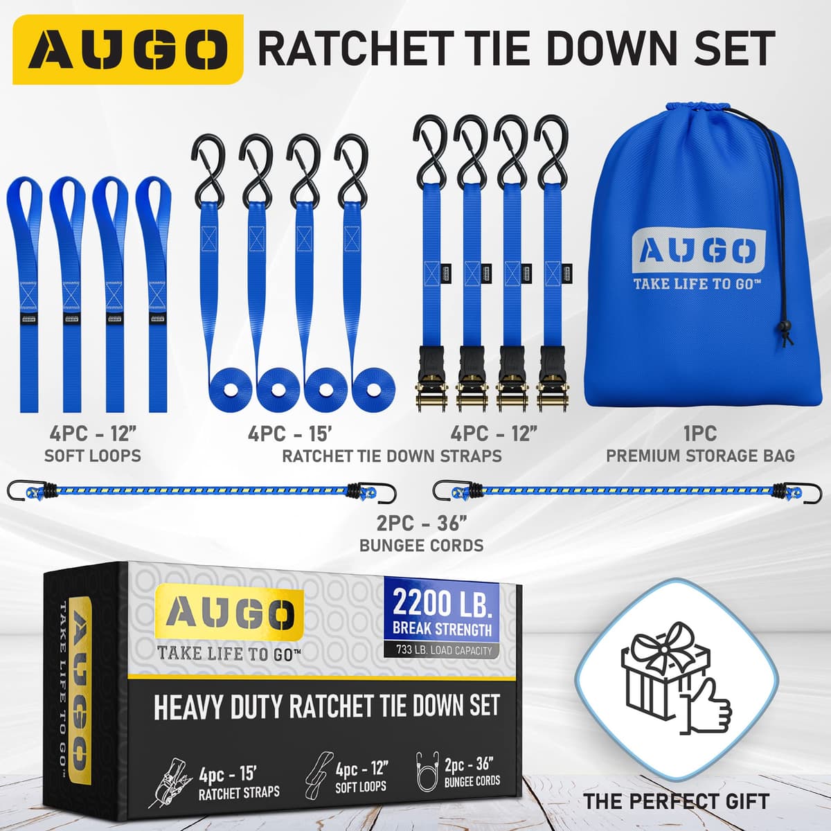 AUGO Ratchet Straps Heavy Duty 4 Pack -15 FT - 2200 LB Break Strength – with Safety Lock S Hooks - Cargo Straps for Moving, Appliances, Motorcycle – Soft Loop Tie Down Straps — view 5