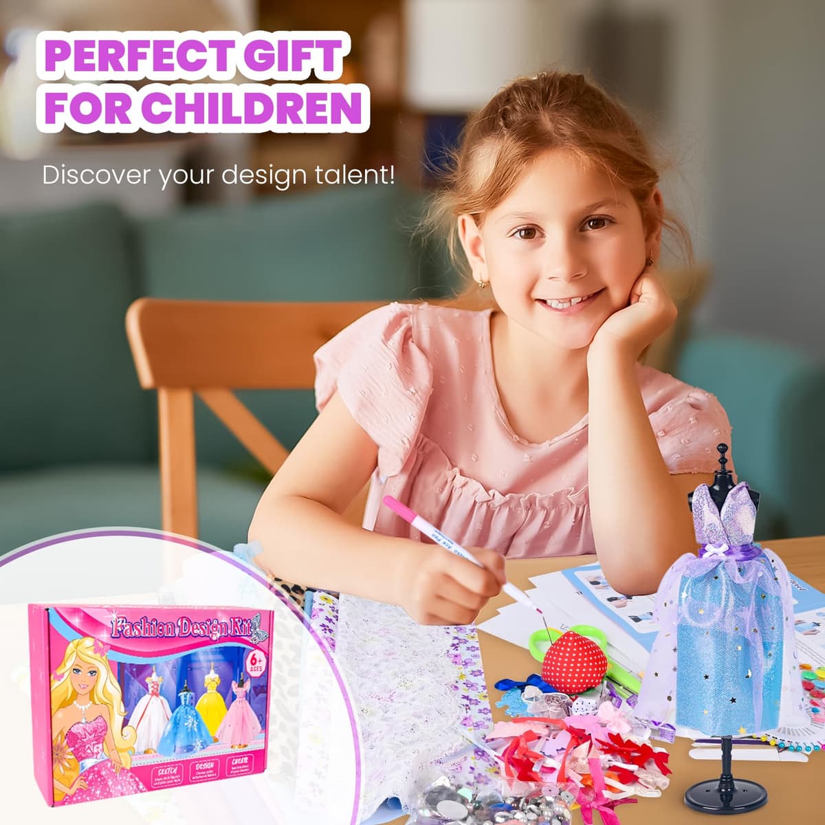700+Pcs Fashion Designer Kit for Girls - Sewing Kit Arts and Crafts Set for Kids Ages 8-12 with 5 Mannequins & Instruction DIY Doll Clothes Making Learn to Sew Toys for Girls Christmas Birthday Gift — view 7