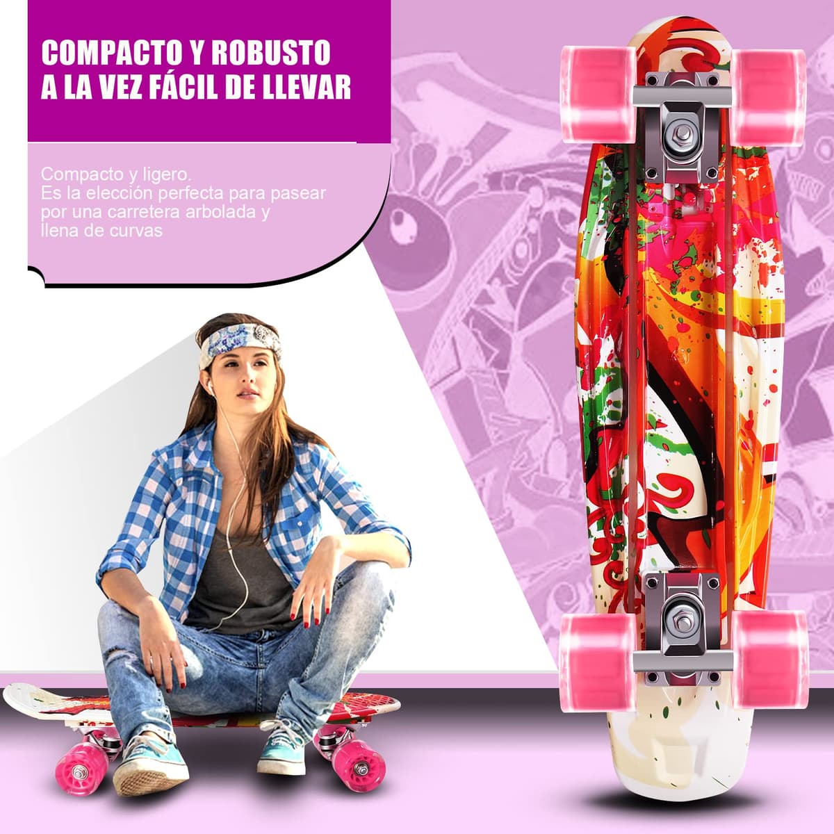 Monopatín Skateboard Completo Niños con 4 Ruedas LED para Niño y Niña Penny Board Mini Cruiser de 55CM con Herramienta T de Patinete Todo-en-uno — view 4