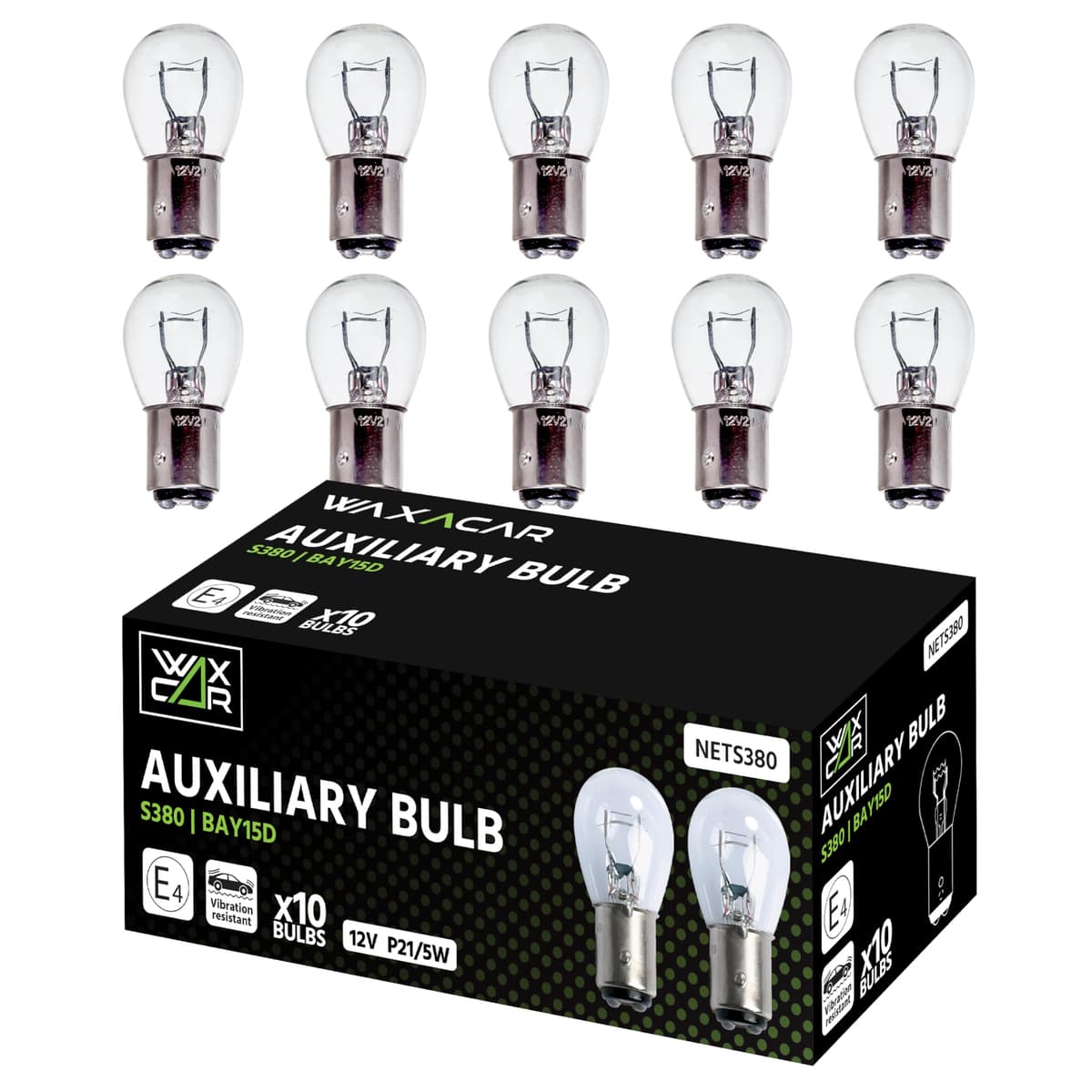 WAXACAR Vehicle Light Bulbs, Multi-Purpose for Tail, Brake, Fog, Indicator, Reverse Lights, 10 Pack, Universal Fit, Halogen, 21W, Compatible with Car, Van, Trailer, Truck, Bike (380 (10 Pack))