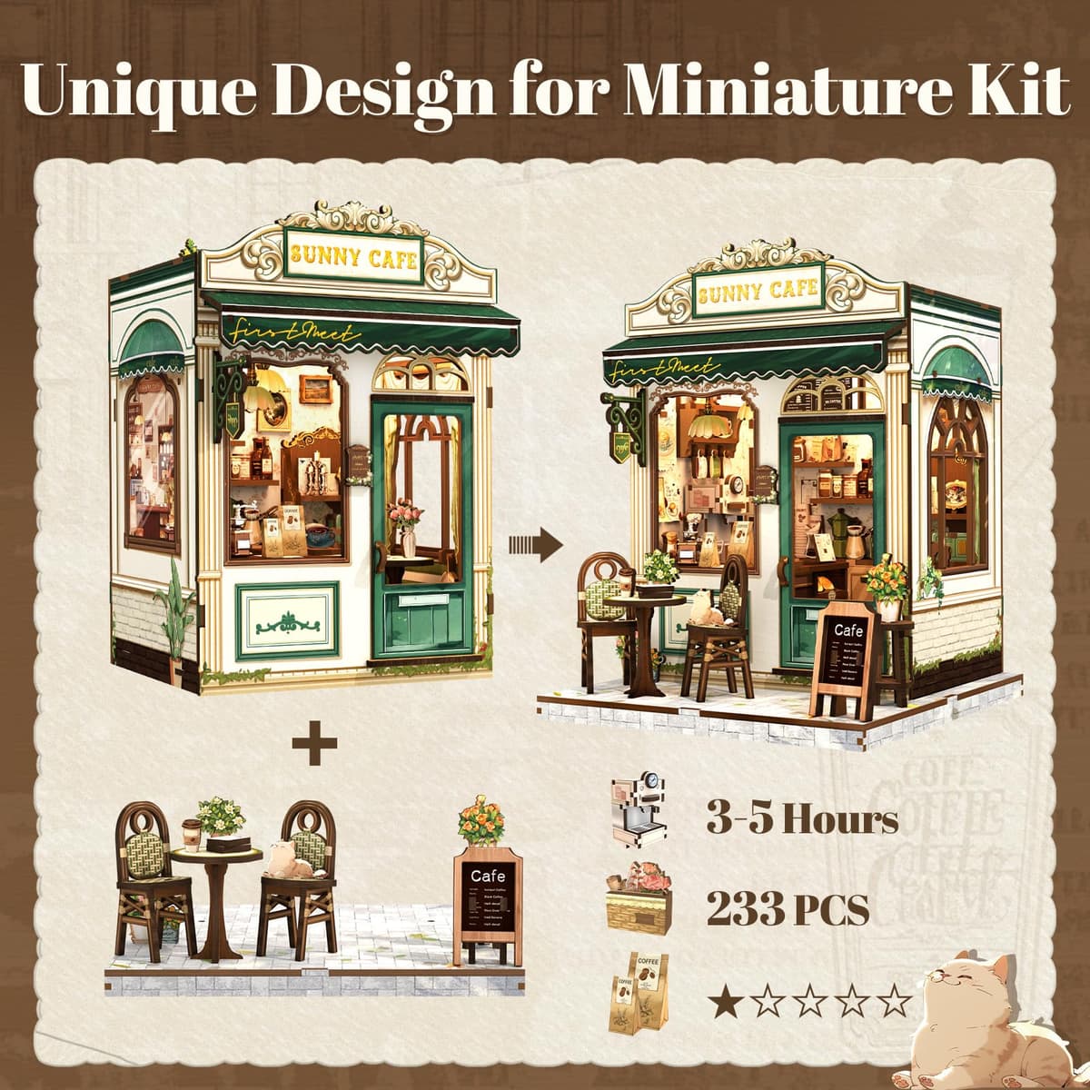 Fsolis Book Nook Kit - Miniature Dollhouse Coffee Shop | Puzzle 3D DIY para decoración de estanterías | Regalo Atemporal para niñas y Mujeres artísticas (Sunny Cafe) — view 4