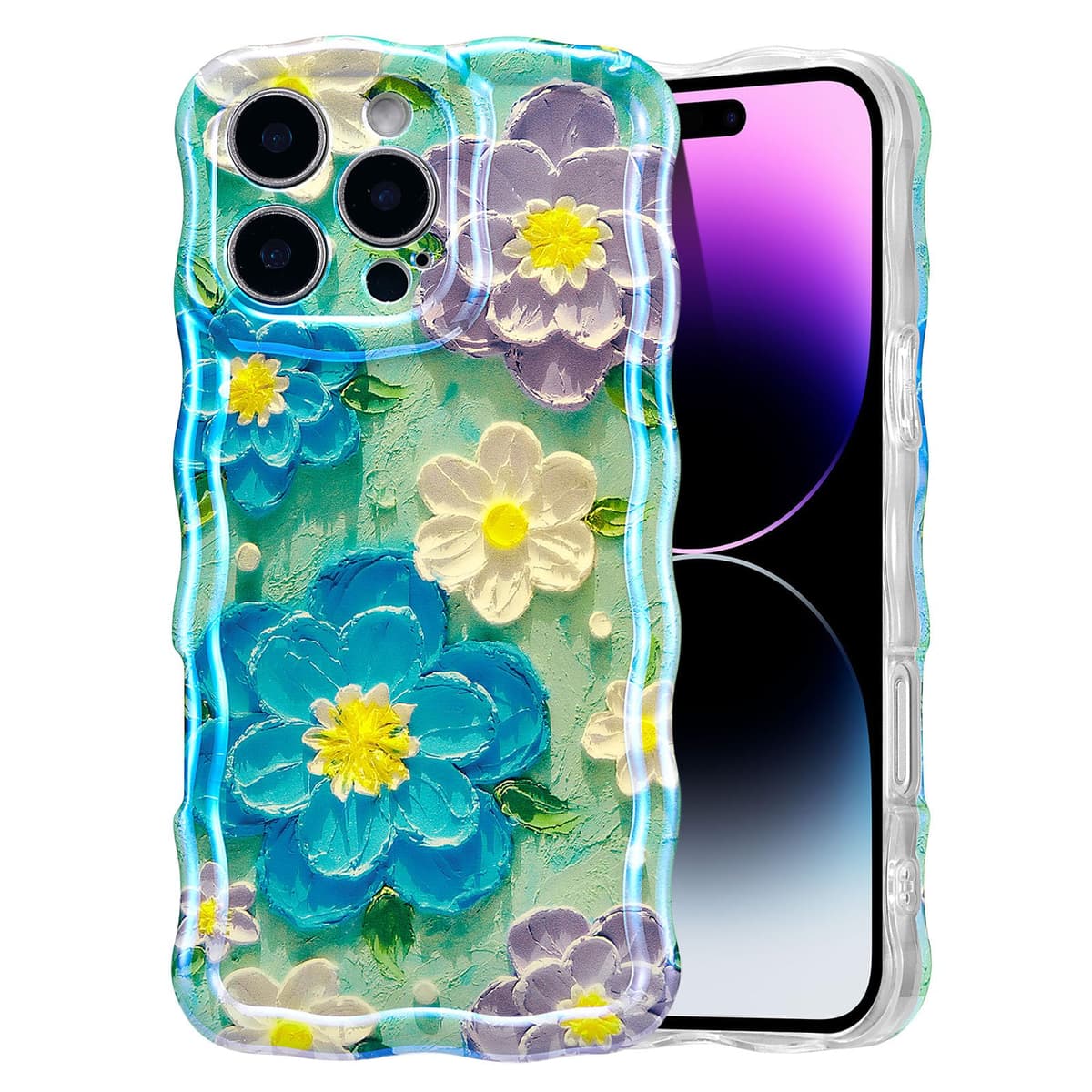 EYZUTAK Case for iPhone 16, Colorful Retro Oil Painting Printed Flower Laser Glossy Pattern Cute Curly Wave Edge Exquisite Phone Cover Stylish Durable TPU Protective Case for Girl Women-Green — view 18