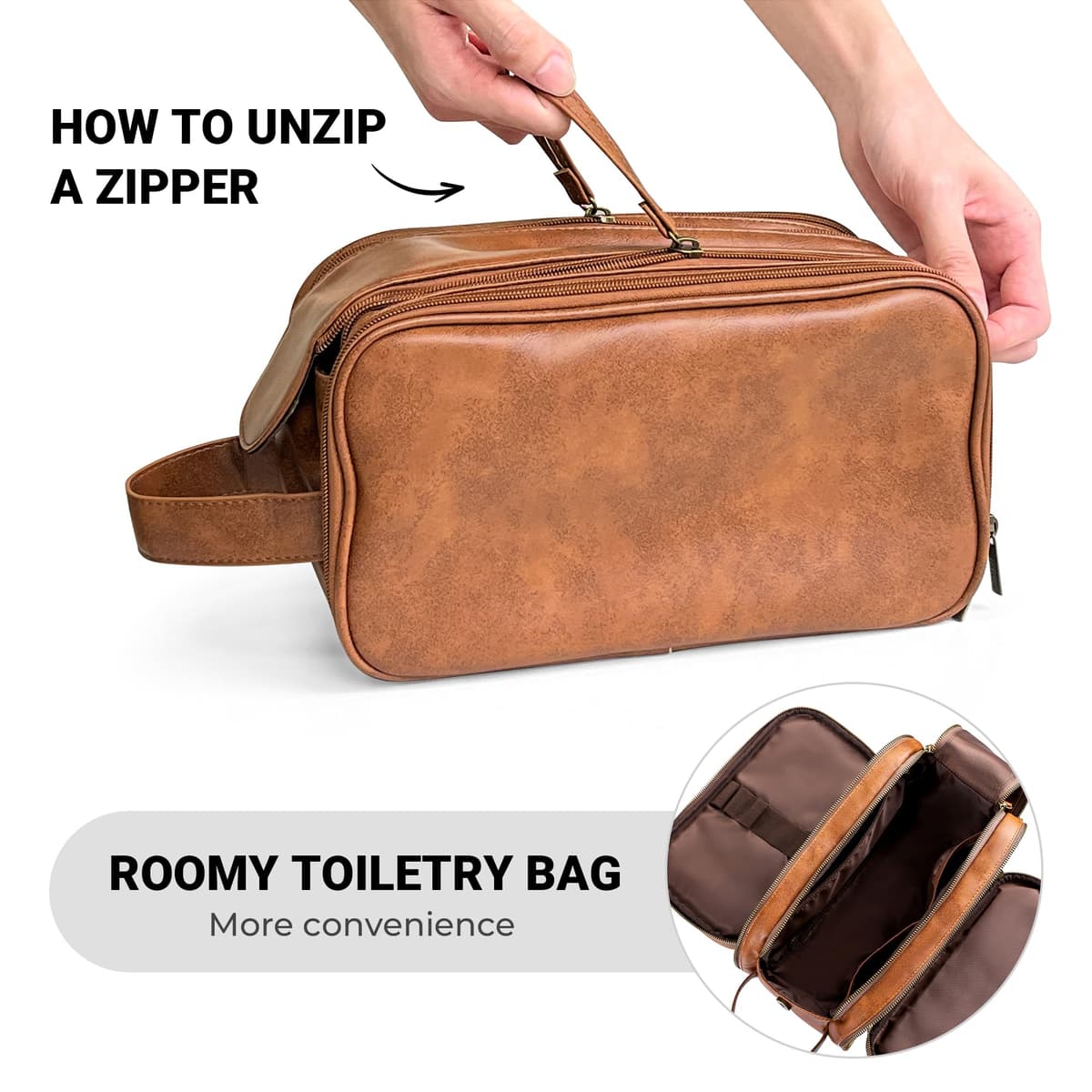 Elviros Water-Resistant PU Leather Toiletry Bag for Men Large Travel Wash Bag Shaving Dopp Kit Bathroom Gym Toiletries Makeup Organizer with Wet Dry Bag,Gift for Men — view 5