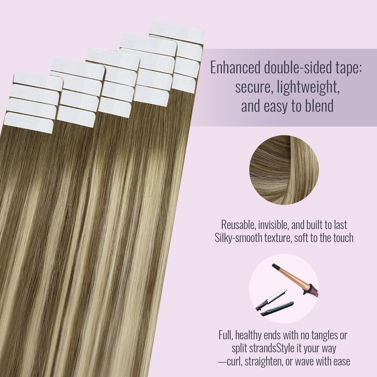 Fshine Extensiones Adhesivas Pelo Natural 20 Pulgadas 50g Cabello Humano Marrón Claro Balayage Rubio Y Marrón Claro Cinta 20Pcs Liso Color 6 60 6 — view 3