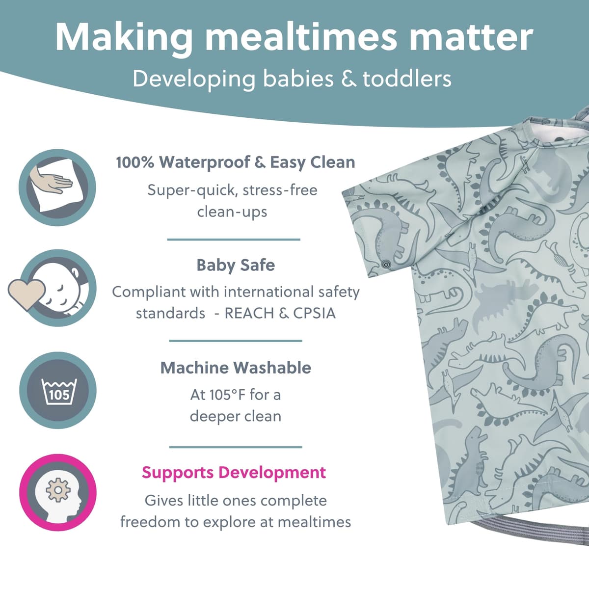 BIBaDO - Short Sleeve Baby Bibs - Babies & Toddlers 6-36 Months - Coverall Baby Weaning Bib - Easy Wipe Clean & Soft Fabric - Attach to Highchair & Tables - Waterproof - Machine Washable - Baby Gifts — view 4