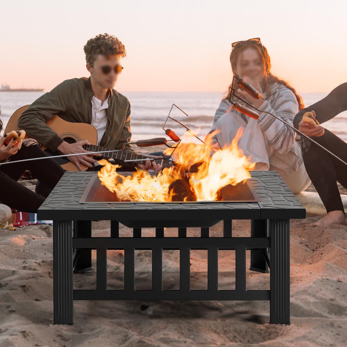 Yaheetech Outdoor Fire Pit 81cm Square Fire pits 3-in-1 Heat-resistant Metal Garden Stove for Barbecue, Heating, Cooling Drinks with Cover & Poker, Black — view 5