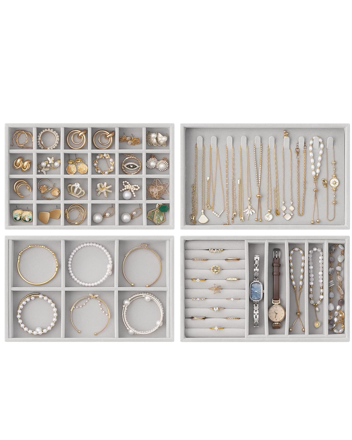 Lolalet Insertos para Cajón de Joyas, Bandejas Apilables de Terciopelo, Juego de Organizadores y Expositores para Collares, Pulseras, Aretes, Anillos, Cadenas, Brazaletes, Relojes - Beige, Juego de 4 — view 8