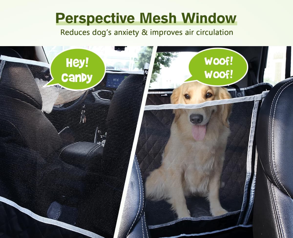 Pecute Funda Perros Coche, Funda de Asiento para Perros Impermeable y Resistente, Protector Coche Perros con Rejilla Flexible Pasar Aire, Universal para SUV, Camión, Transportar y Viaje (Negro) — view 2