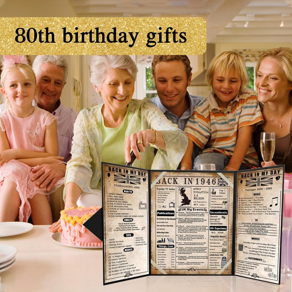 back in 1946 80th Birthday Gifts for Men & Women - 80th birthday Card for Dad,Grandad,Mum,Grandma - 80 Year Old Decorations - Black Tri-Fold Greeting Card - Perfect 1946 Poster Gift Ideas — view 7