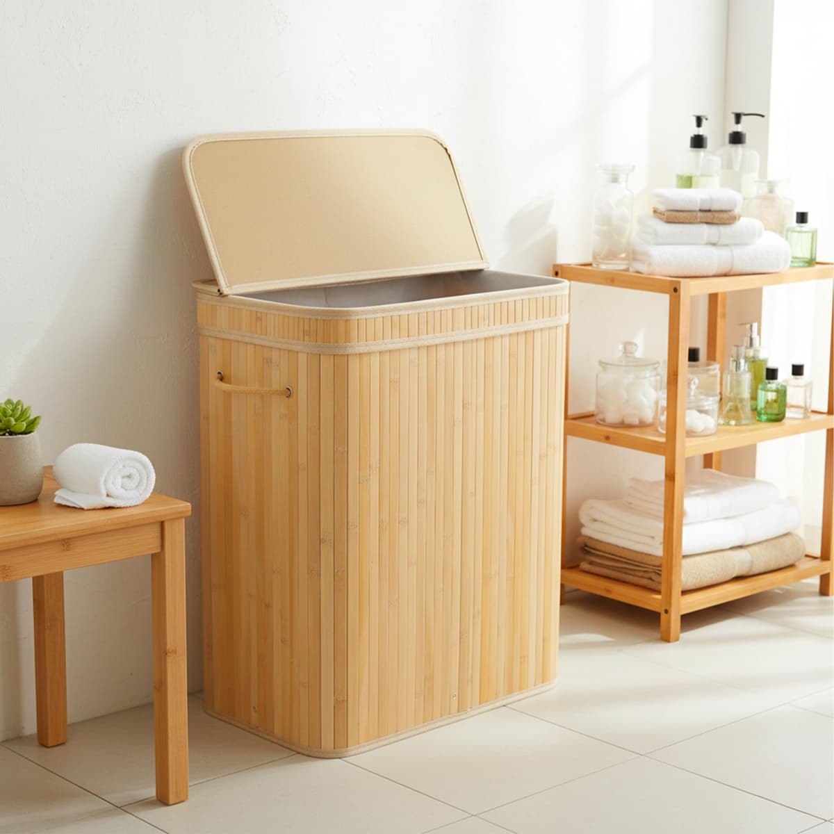 Cesto para Ropa Sucia Relaxdays con Tapa, bambú, 150 l, 3 Compartimentos, 61,5 x 61 x 41,5 cm, para baño, Color Natural — view 3