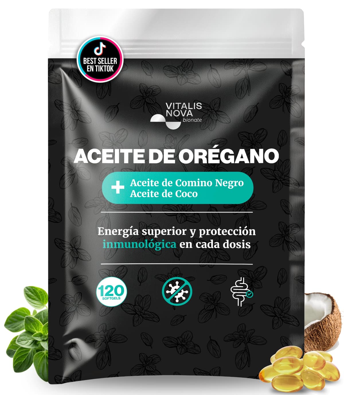 VITALIS NOVA Aceite de Oregano 120 Capsulas Blandas 150mg Activo Principal 100mg Semilla Negra 250mg Coco Formula 3en1 Carvacrol Potente Digestivo Defensas Naturales Facil de Tragar Uso Contra Candida