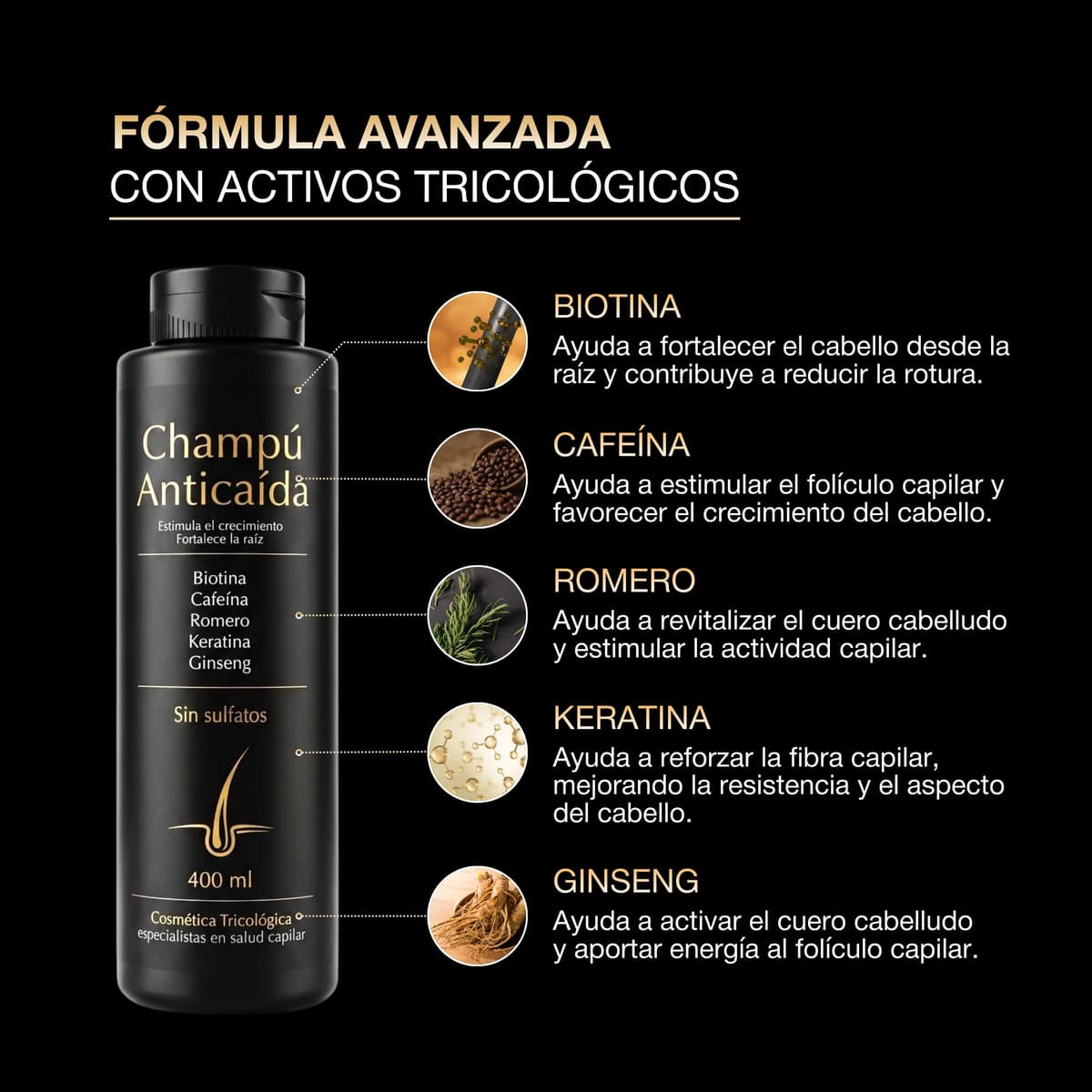 Champu Anticaida Hombre y Mujer 400ml | Formula Completa de Champu Cafeina + Biotina + Ginseng + Vitaminas Para el Pelo | Estimula el Crecimiento, Fortalece la Raíz | Sin Sulfatos | Uso Diario — view 3