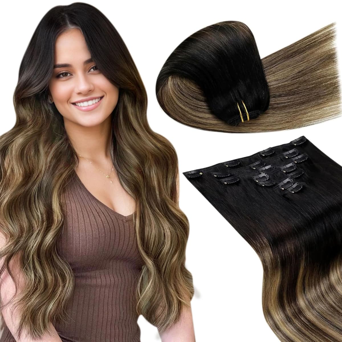 LaaVoo Hair Extensions Clip in Real Human Hair Brown Clip in Hair Extensions Dark Brown Remy Straight Hair Full Head Double Weft 80g 5pcs 14 Inch #4 — view 90