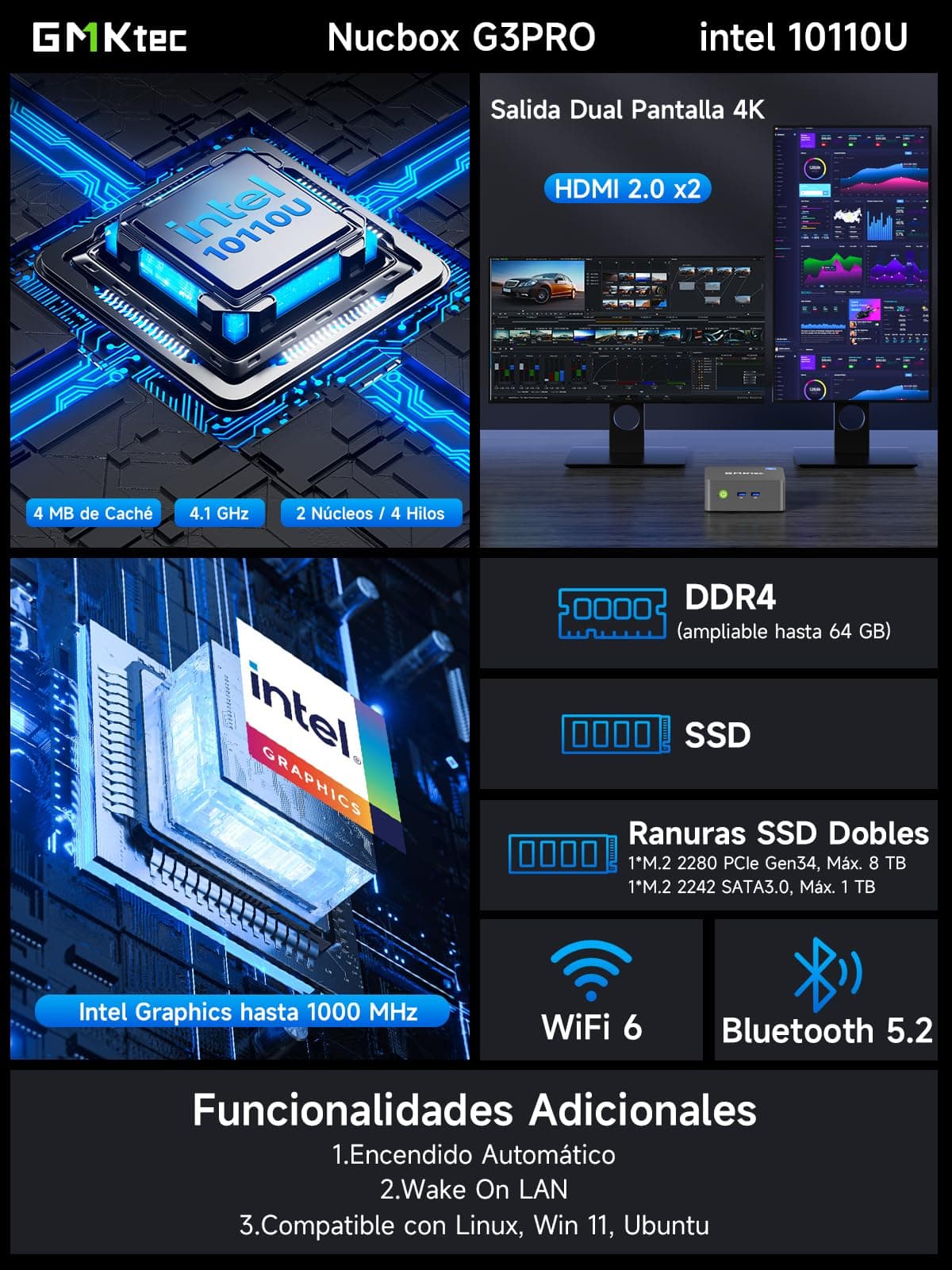 GMKtec G3 Pro Mini PC, 16 GB RAM 256 GB SSD M.2 Intel i3-10110U 4,1 GHz Mini Ordenador de Escritorio con Soporte VESA para Oficina, hogar, Empresa, HTPC, Proxmox, Doble Pantalla 4K, WiFi 5 — view 2