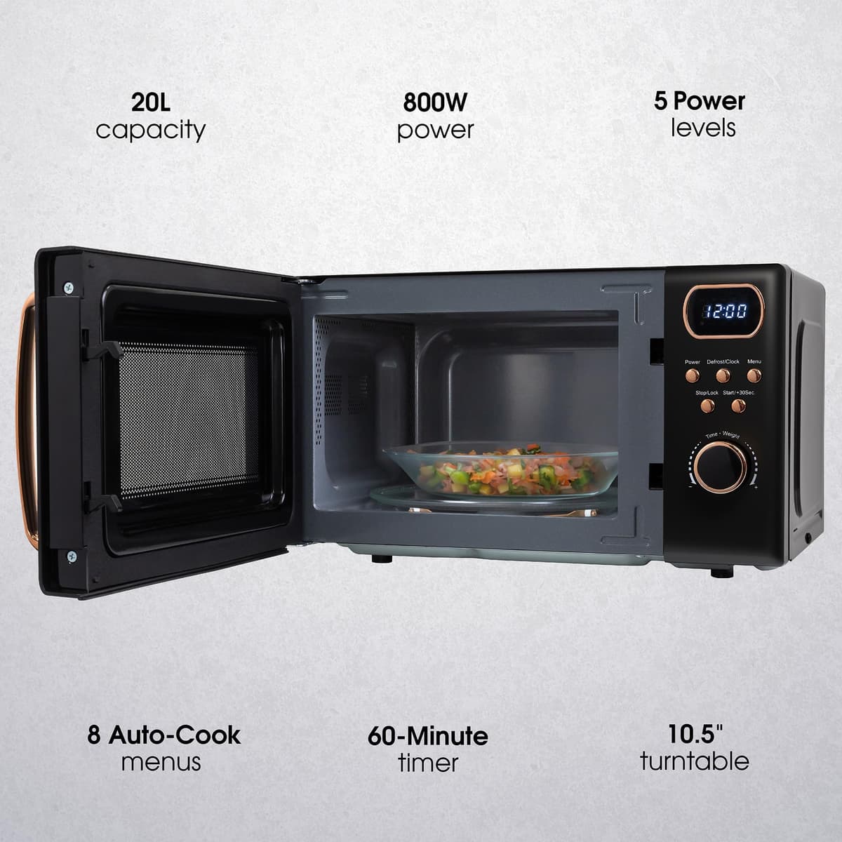 Abode Retro Microwave 20 Litre Black with Rose Gold Accent Digital 800W, Mirror Finish, 8 Auto Cook Settings & Defrost, 5 Power Levels AMD2004BRG — view 3