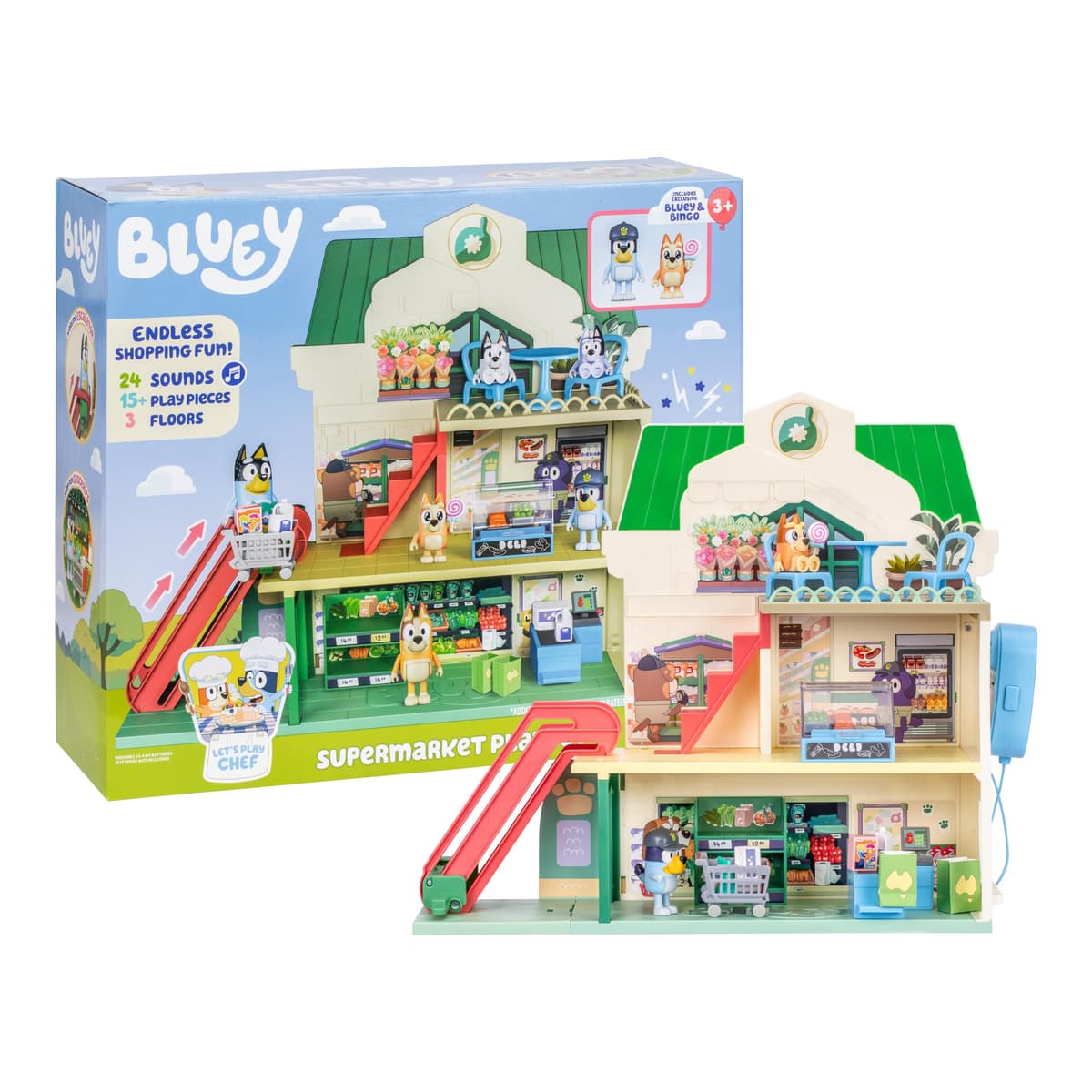 Bluey Supermarket Playset, 3 Different Levels With Exclusive Bluey and Bingo Figures. Includes Working Escalator, 24 Sounds and 15+ Play Pieces Plus Fun Intercom, Over 40cm (15") Tall. — view 3