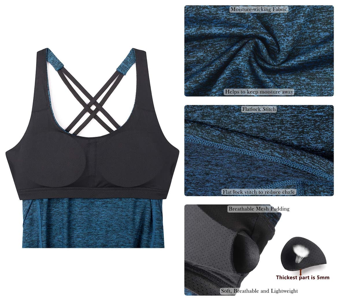icyzone Camiseta sin mangas de entrenamiento para mujer, brasier integrado, camiseta deportiva de yoga con tirantes, camiseta deportiva para gimnasio — view 4