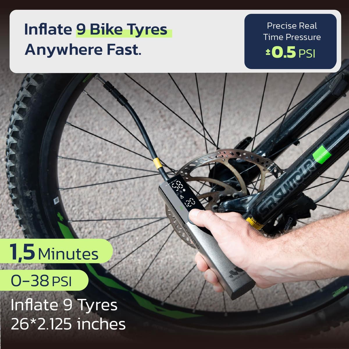 Woowind Ventus Ride Electric Bike Pump, 150PSI / 10.3Bar Tyre Pump, 1 Minute Inflation, Portable Air Pump with Presta, Schrader, and Dunlop Valve for Road, Mountain & E-Bike, with Auto Shut-Off — view 2