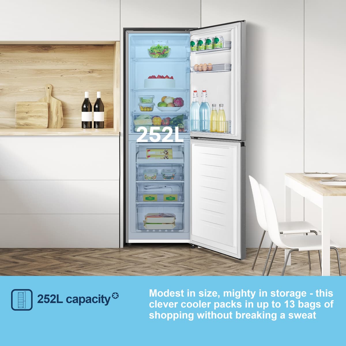Fridgemaster MC55240ES 55cm Freestanding 252L 50/50 Fridge Freezer - LED Lighting, Silver - E Rated, H174.3 x W55.4 x D55.8 (cm) — view 5