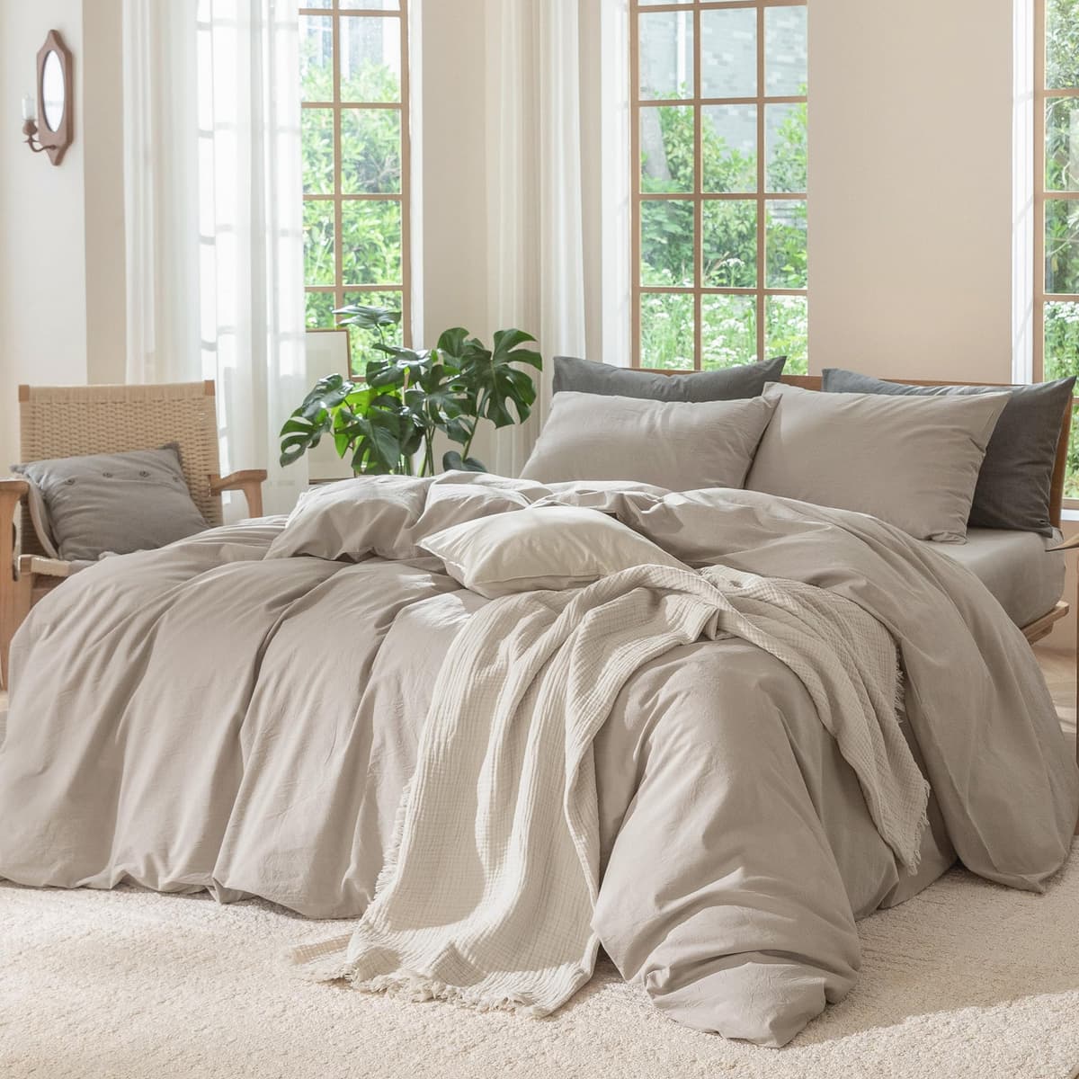MooMee Bedding Duvet Cover Set 100% Washed Cotton Linen Like Textured Breathable Durable Soft Comfy (Tannish Linen Grey, King) — view 93