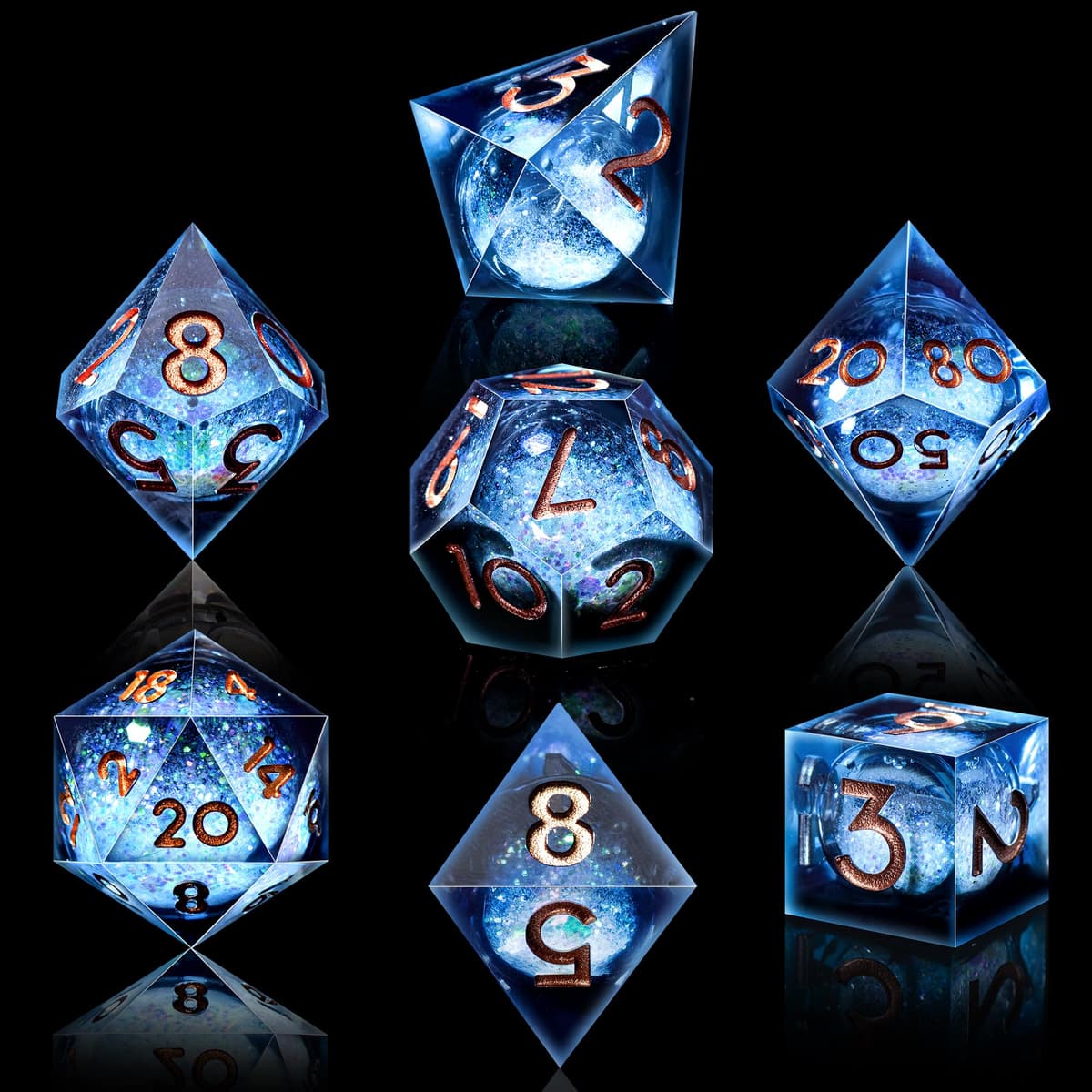 SIQUK 7 Piezas Dados Nucleo Liquido Juego Dados Poliedricos D4 D6 D8 D10 D12 D20 D% DND Dice para RPG MTG Dungeons and Dragons, Azul & Negro, Dorado — view 3