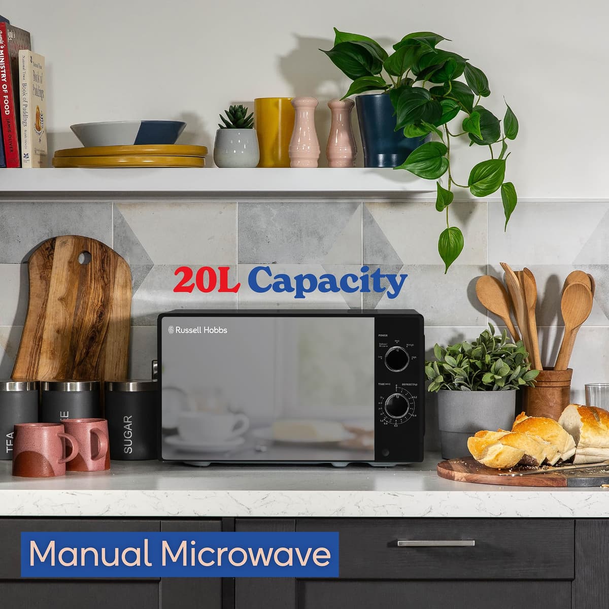 Russell Hobbs 20 Litre 800W Black Solo Manual Microwave with Mirrored Door, 5 Power Levels, Integrated Timer and Defrost Function, Easy Clean RHM2027B — view 4