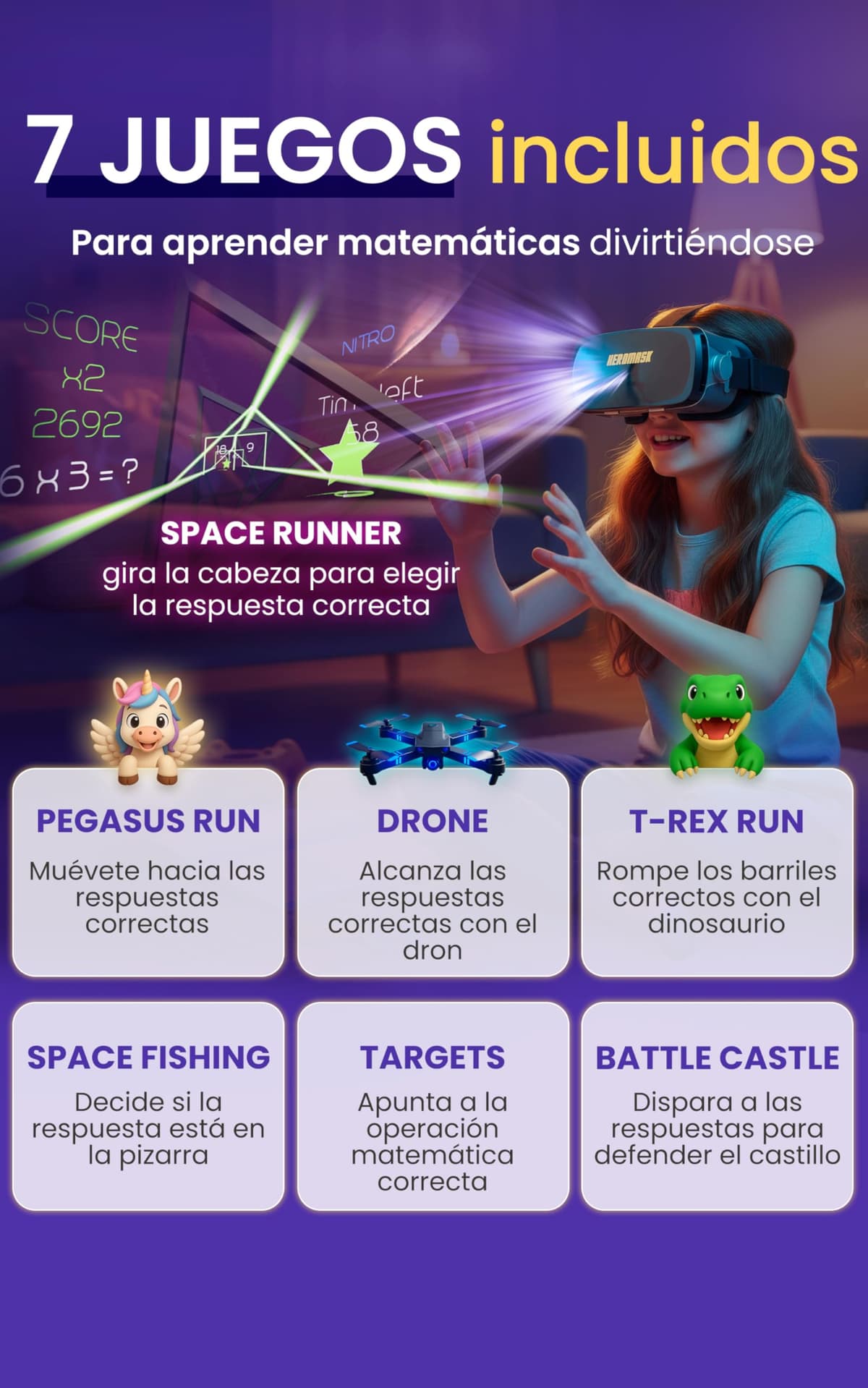 Gafas VR HeroMask + Juegos Matemáticas 5-12 años — El Regalo Educativo Que Hace Que los niños pidan: ¿5 Minutos más? | Tablas de Multiplicar, Sumas, Cálculo Mental y Mucho más | 3D, Realidad Virtual — view 3