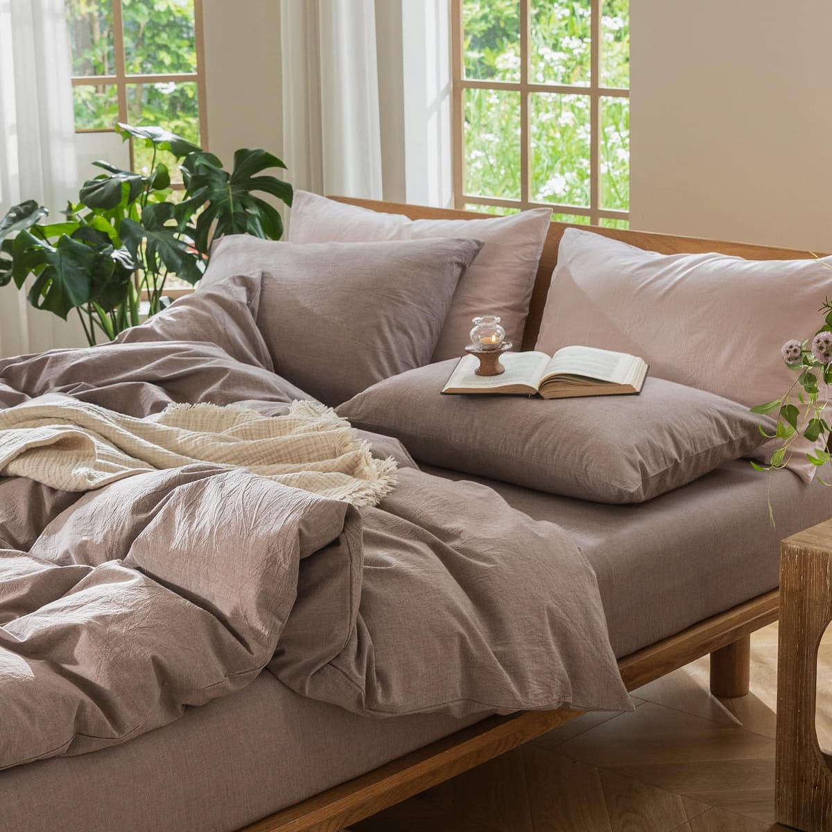 MooMee Bedding Duvet Cover Set 100% Washed Cotton Linen Like Textured Breathable Durable Soft Comfy (Tannish Linen Grey, King) — view 28