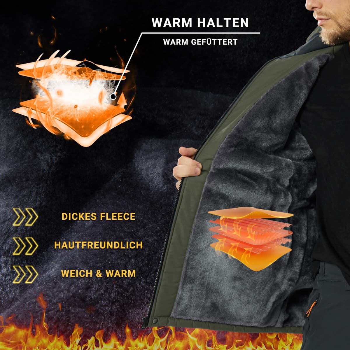 KEFITEVD Hombre Impermeables Lana Chaquetas Impermeables Esquí Cálidos Invierno Abrigos Térmicos Exteriores Abrigos con Capucha Desmontable — view 3