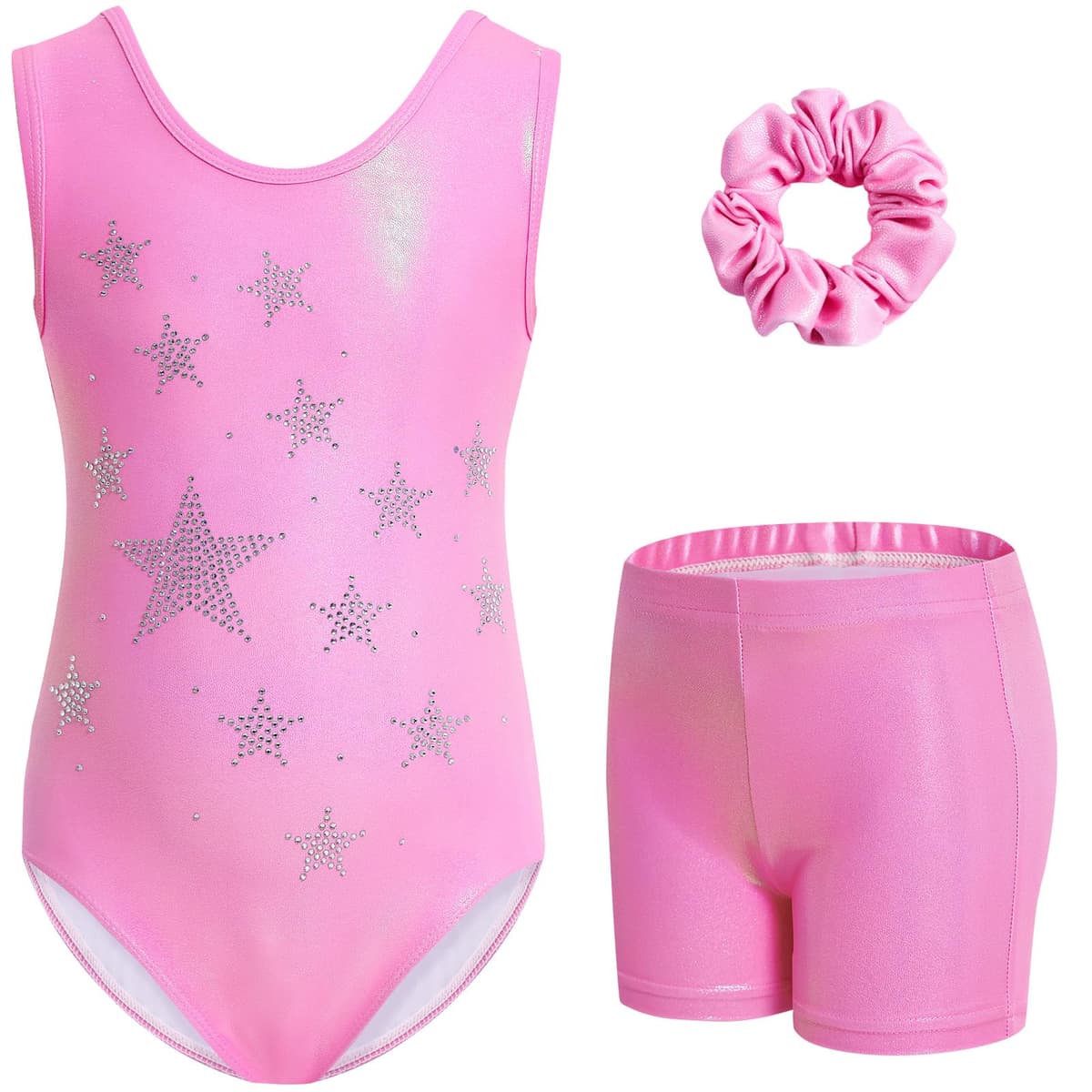 Gogokids Conjunto de gimnasia de tres piezas para niña, cuello en Y, sin mangas, con pantalones cortos y diadema, traje de gimnasia con diseño de bloques de color azul y morado, 3-12 años — view 28