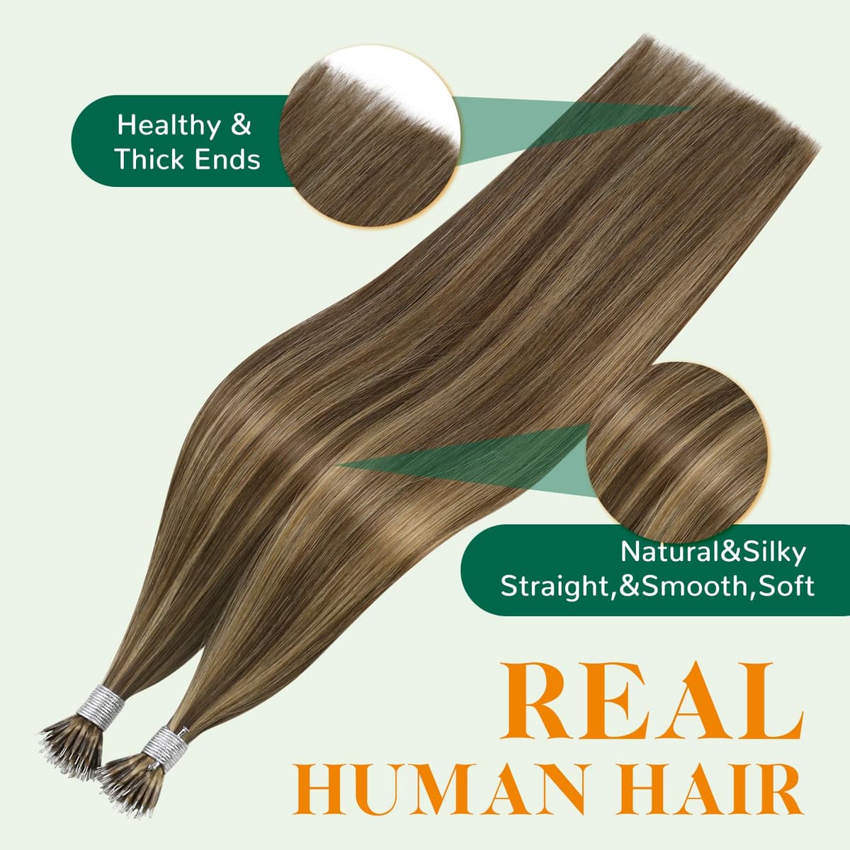 Easyouth Hair Extensions Nano Brown Highlight Nano Beads Hair Extensions Real Human Hair Medium Brown with Honey Blonde Nano Human Hair Extensions for Daily Life 16 Inch 50g/50s #P4/27 — view 4