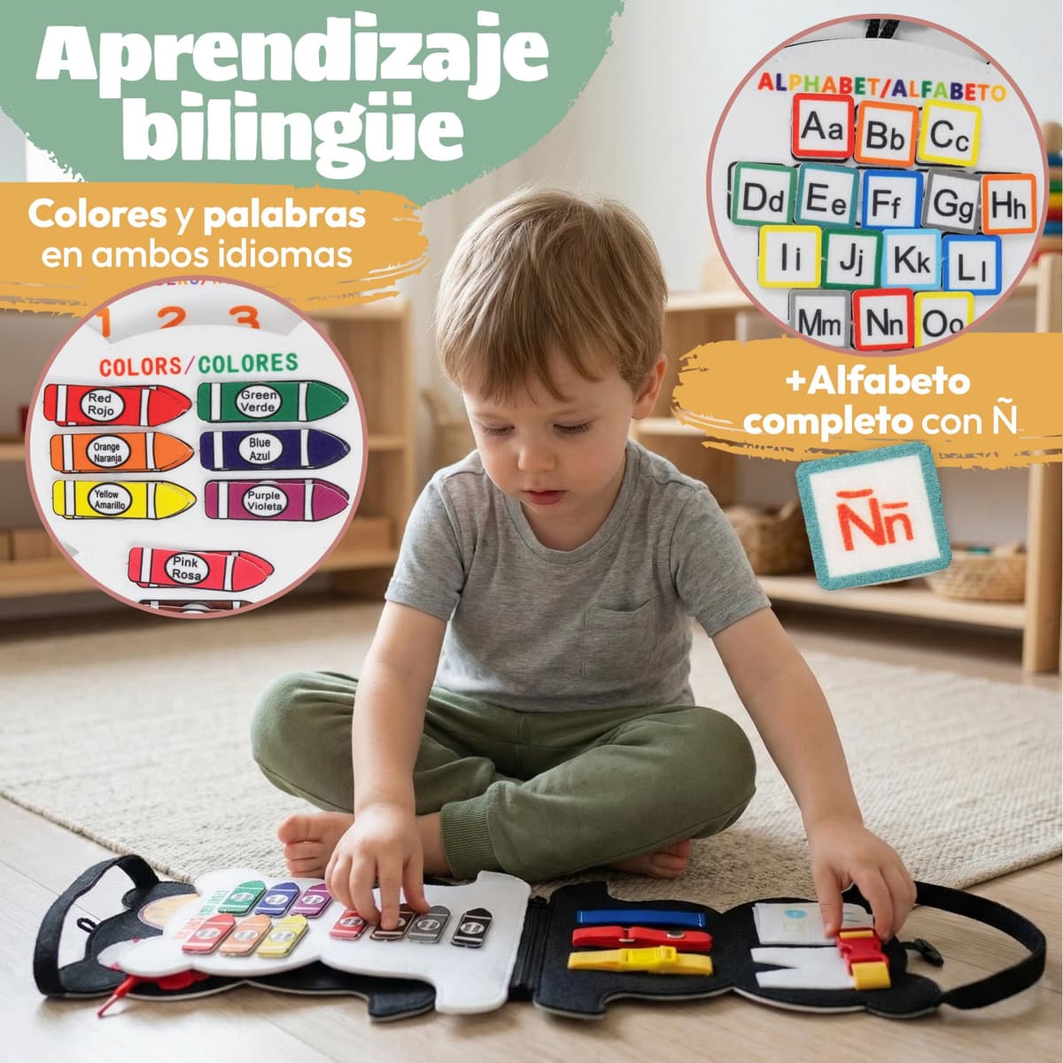 Busy Board Montessori +3 años de Fieltro - Busy Book Sensorial con Letras, Números y Animales - Juego Montessori 3 años con Habilidades de Motricidad Fina - Diseño Panda — view 3