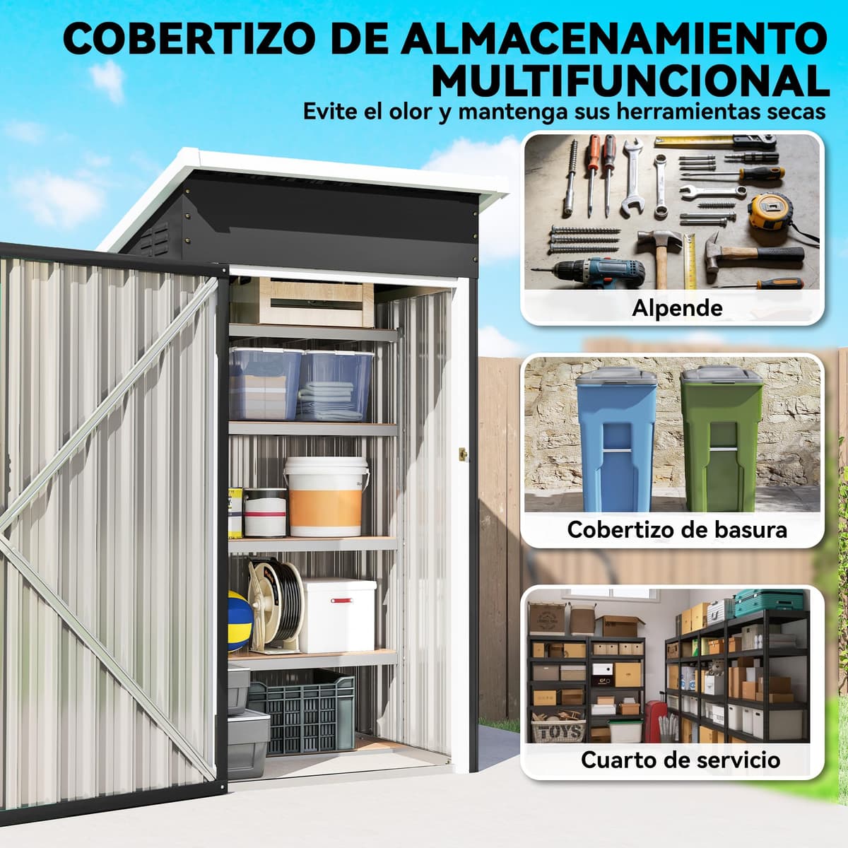 Outsunny Caseta de Jardín Exterior 0,74 m², 107,5x91x185 cm, Cobertizo de Jardín Exterior Metálico con Techo Inclinado, Puerta con Cerradura y Ventilaciones para Almacenamiento de Herramientas, Gris — view 3