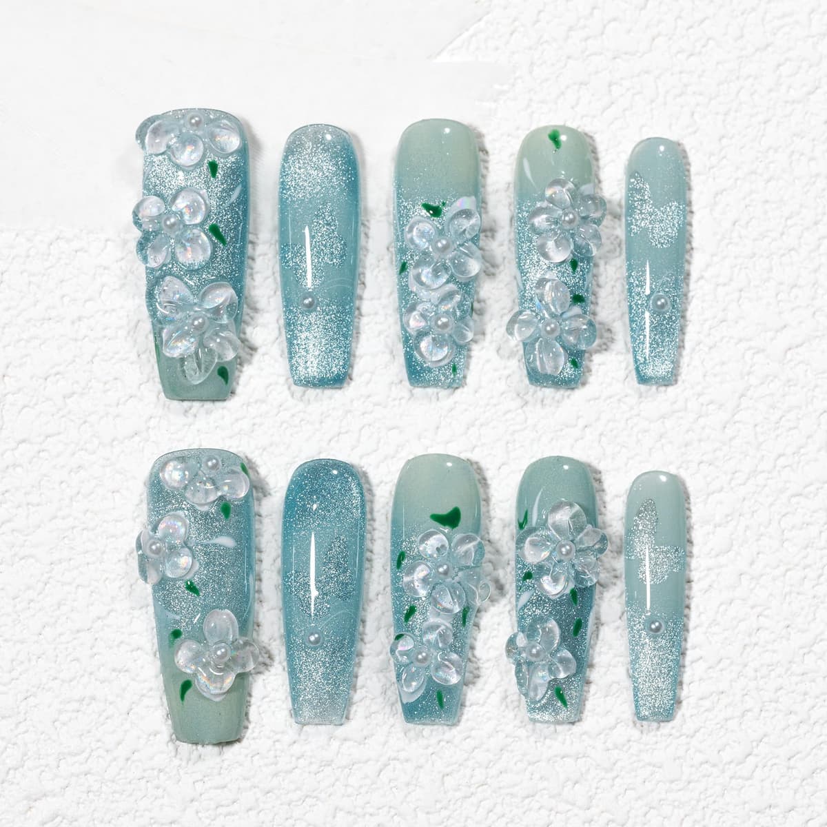 Sun&Beam Nails Handmade Press On Nail Long Coffin Ballerina Pink Flower Acrylic Fake Tip 3D Design Art Charms Cute with Storage Box 10 Pcs (S) — view 306