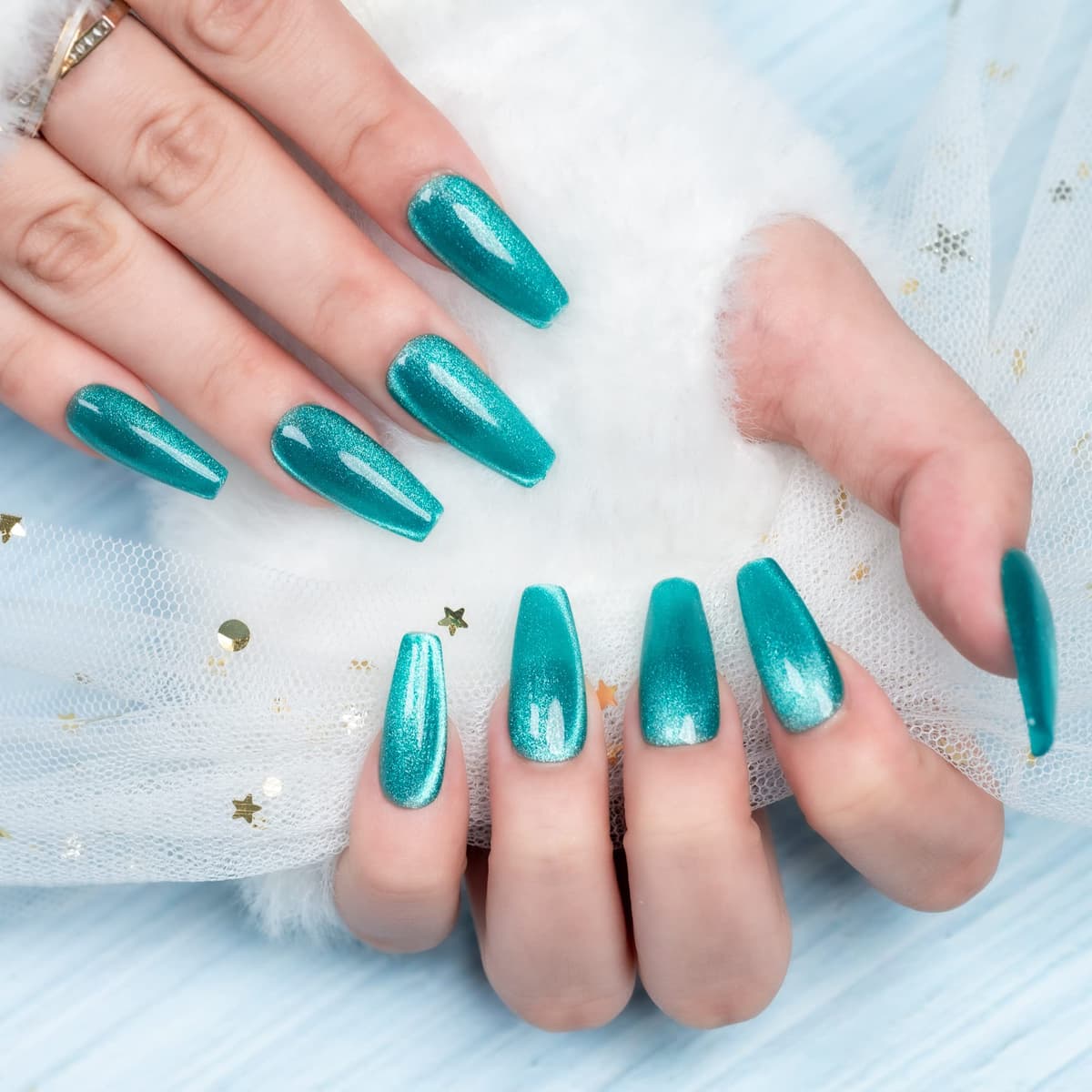 Sun&Beam Nails Handmade Press-On Medium Long Coffin Ballerina with Nile Blue Cat Eye Design Charm Cute False Nail Tips 10 Pcs (#84 L) — view 2