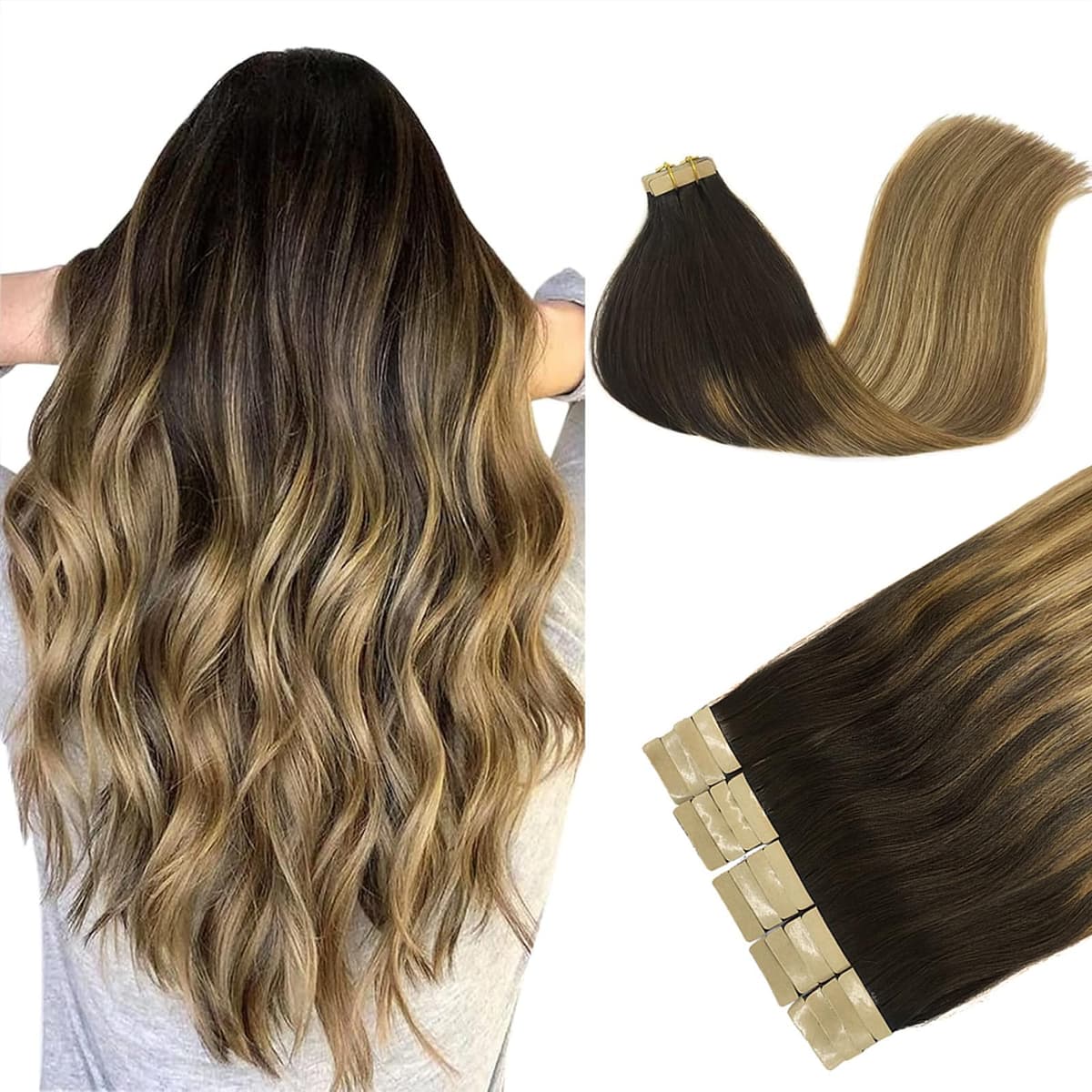 DOORES Tape in Hair Extensions Human Hair, Balayage Dark Brown to Chestnut Brown 50g 20pcs 18 Inch, Human Hair Extensions Natural Remy Straight Skin Weft — view 44