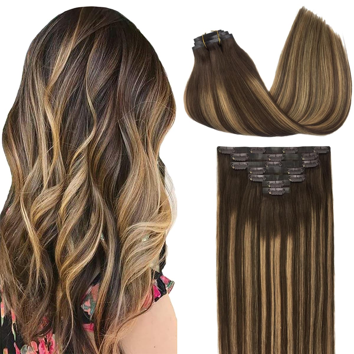 GOO GOO Clip in Hair Extensions Human Hair, 18inch 150g 9Pcs, #2 Dark Brown, Hair extensions for women, Human Hair Extensions Clip in — view 140