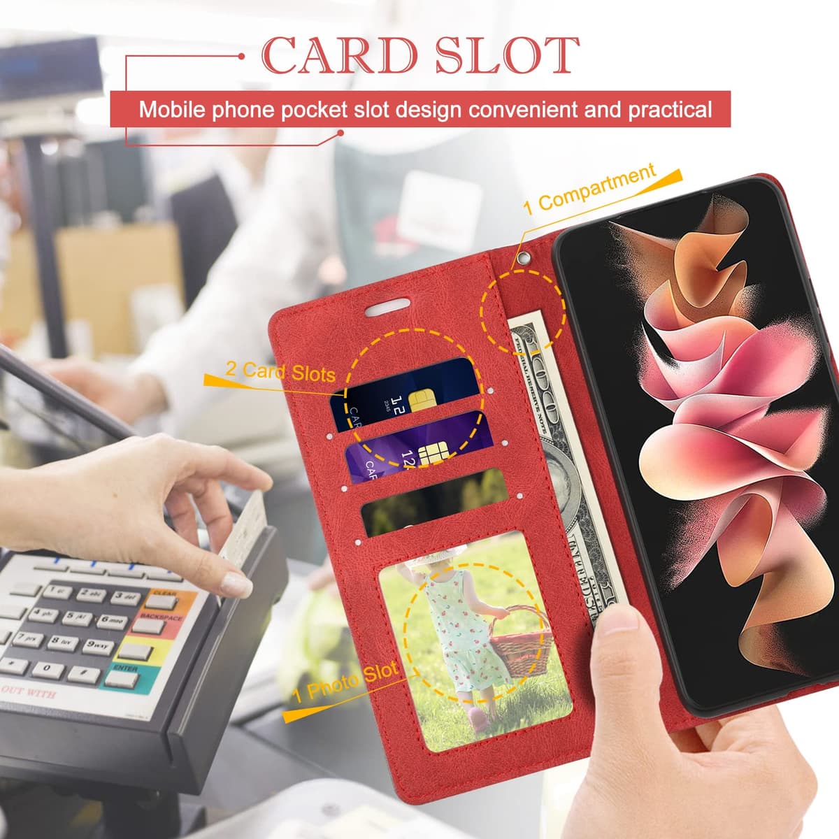Case for Samsung Galaxy S23 FE, Premium PU Leather Flip Wallet Case Magnetic Closure Cover Case Card Slots kickstand Phone Case for Galaxy S23 FE, Red — view 5