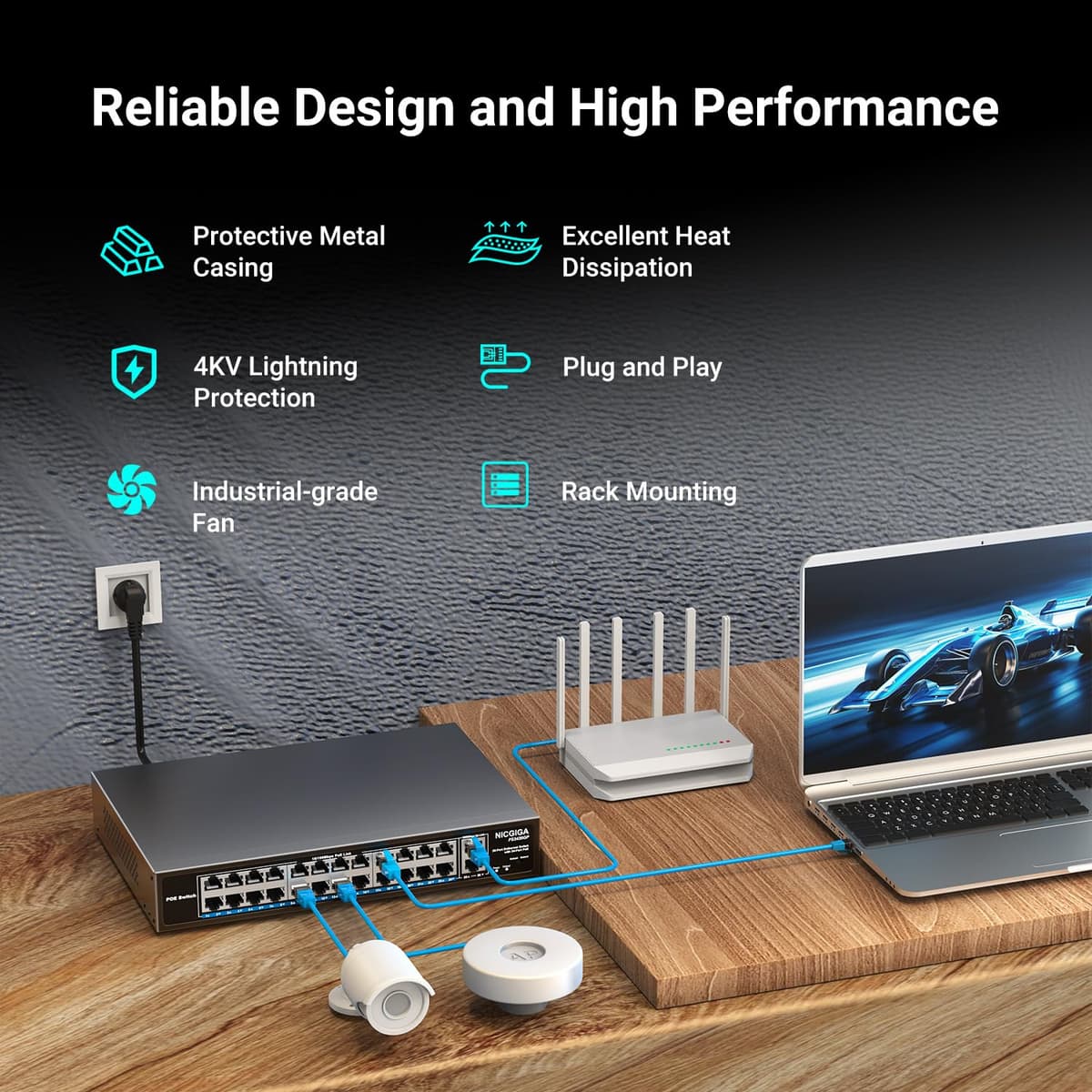24 Port PoE Switch Unmanaged, 24 Port PoE+@400W, 2 Gigabit Uplink Ports, NICGIGA 26 Port Network Power Over Ethernet Switch, VLAN Mode, 250m Extend, 19 inch RackMount, Plug and Play. — view 3