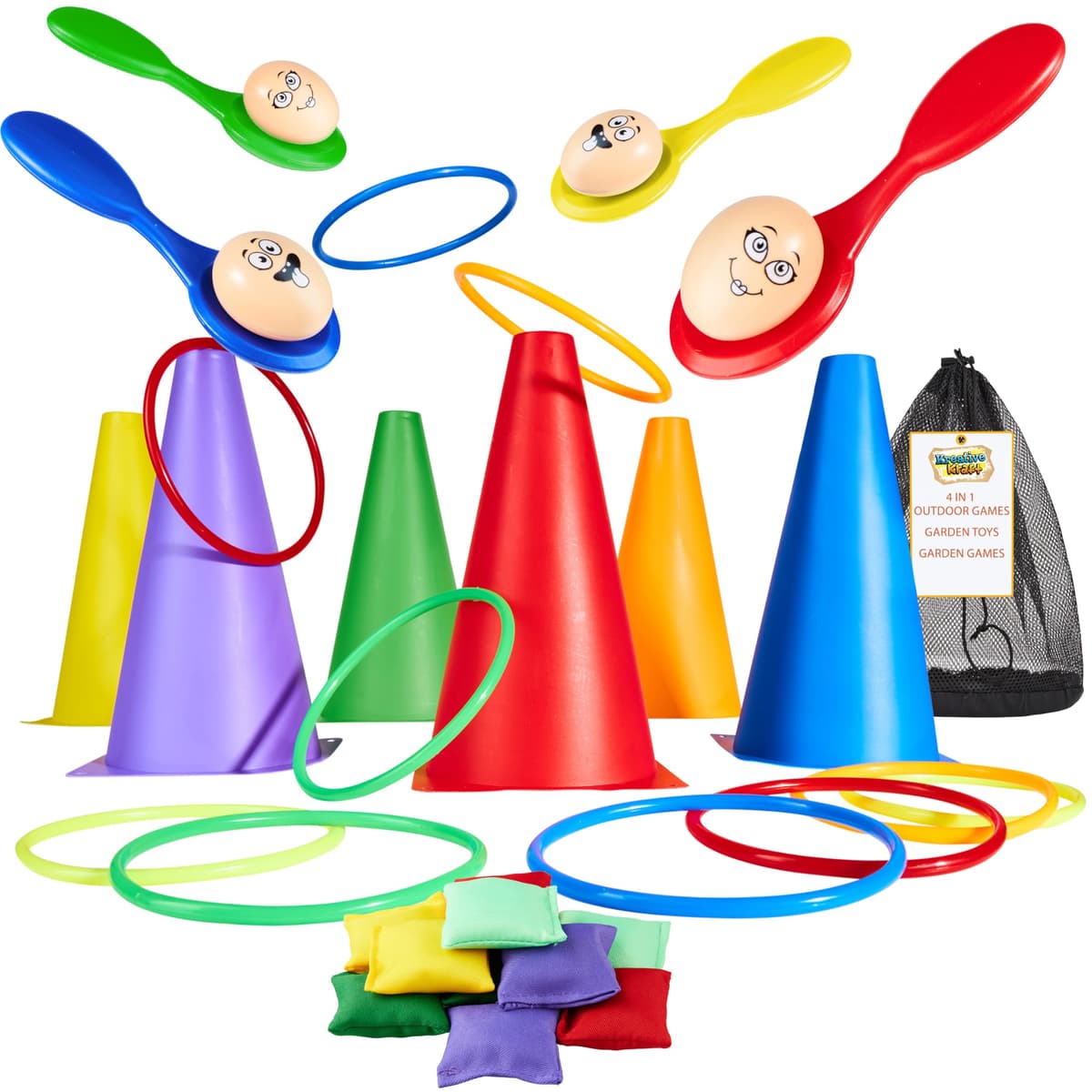 KreativeKraft Kids Games Outdoor Play Equipment for Kids Adults Family Garden Toys Sports Day Kit Egg and Spoon Race Ring Toss Sack Race Bean Bag Snakes and Ladders