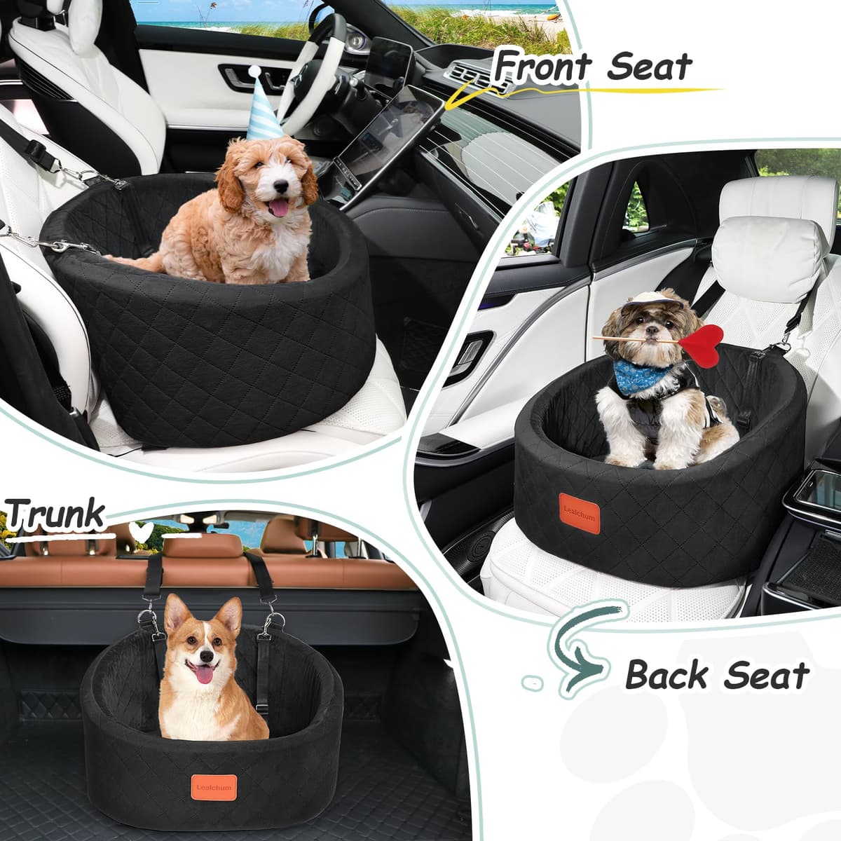 Lealchum Dog Car Seat with 2 Safety Dog Leashes, Safe Pet Travel Car Seat with Non-Slip Bottom, Fully Removable and Washable Seat for Dog, Soft Memory Foam Puppy Seat for Car (Black, Small) — view 5