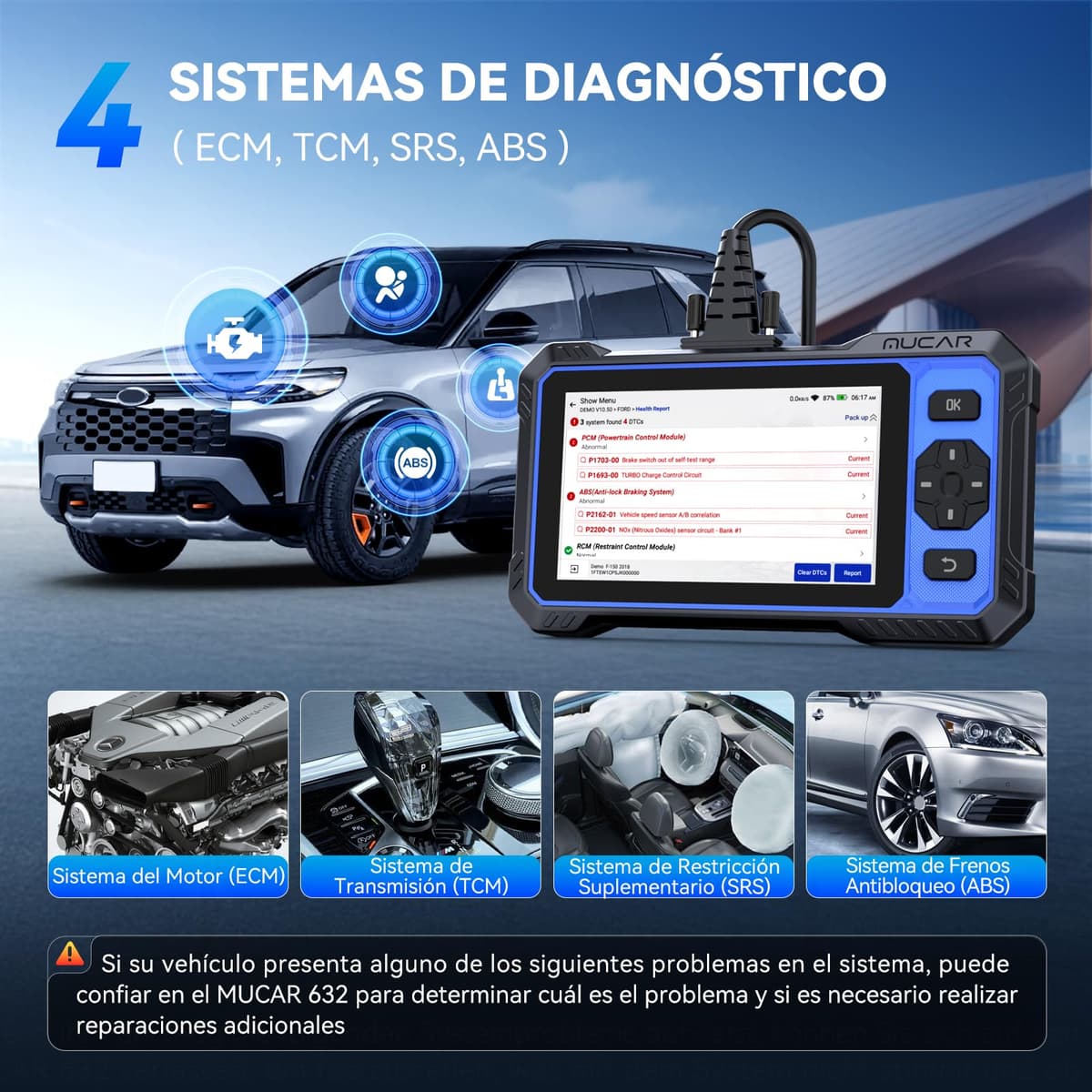 OBD2 Diagnosis, mucar 632 Diagnosis 4 System Multibrand Car (ECM/TCM/SRS/ABS), Car Diagnosis with 15 Reset Functions/Auto Vin/Active Test-Free Update — view 3
