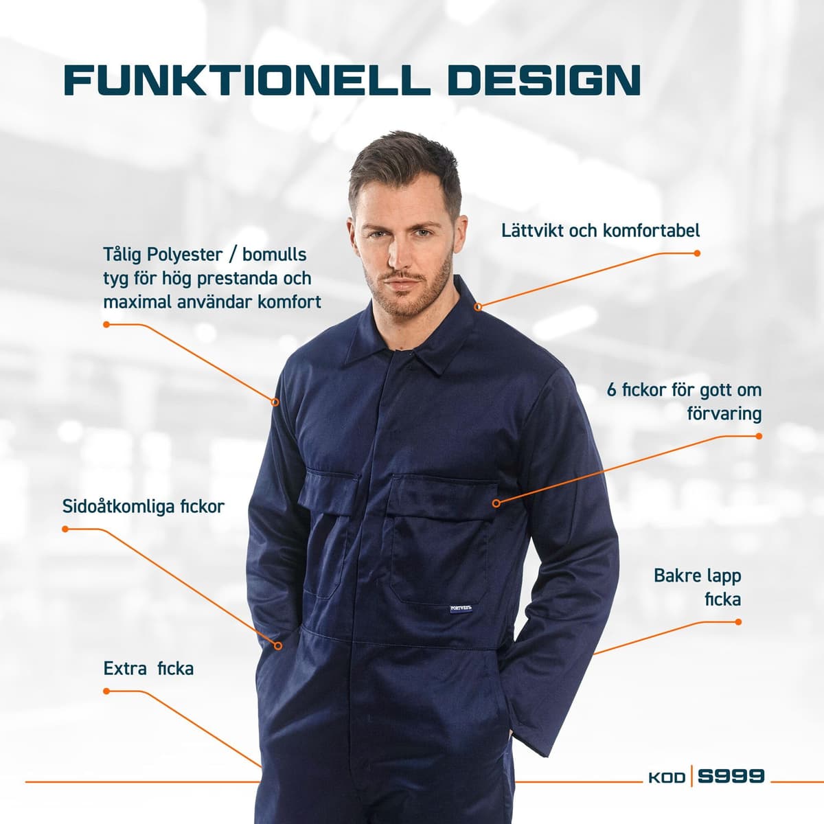 Portwest S999 Men's Work Coveralls - Protective Polycotton Work Overalls Durable Workwear Boiler Suit for Mechanics Warehouse Garages DIY Navy, Large — view 3