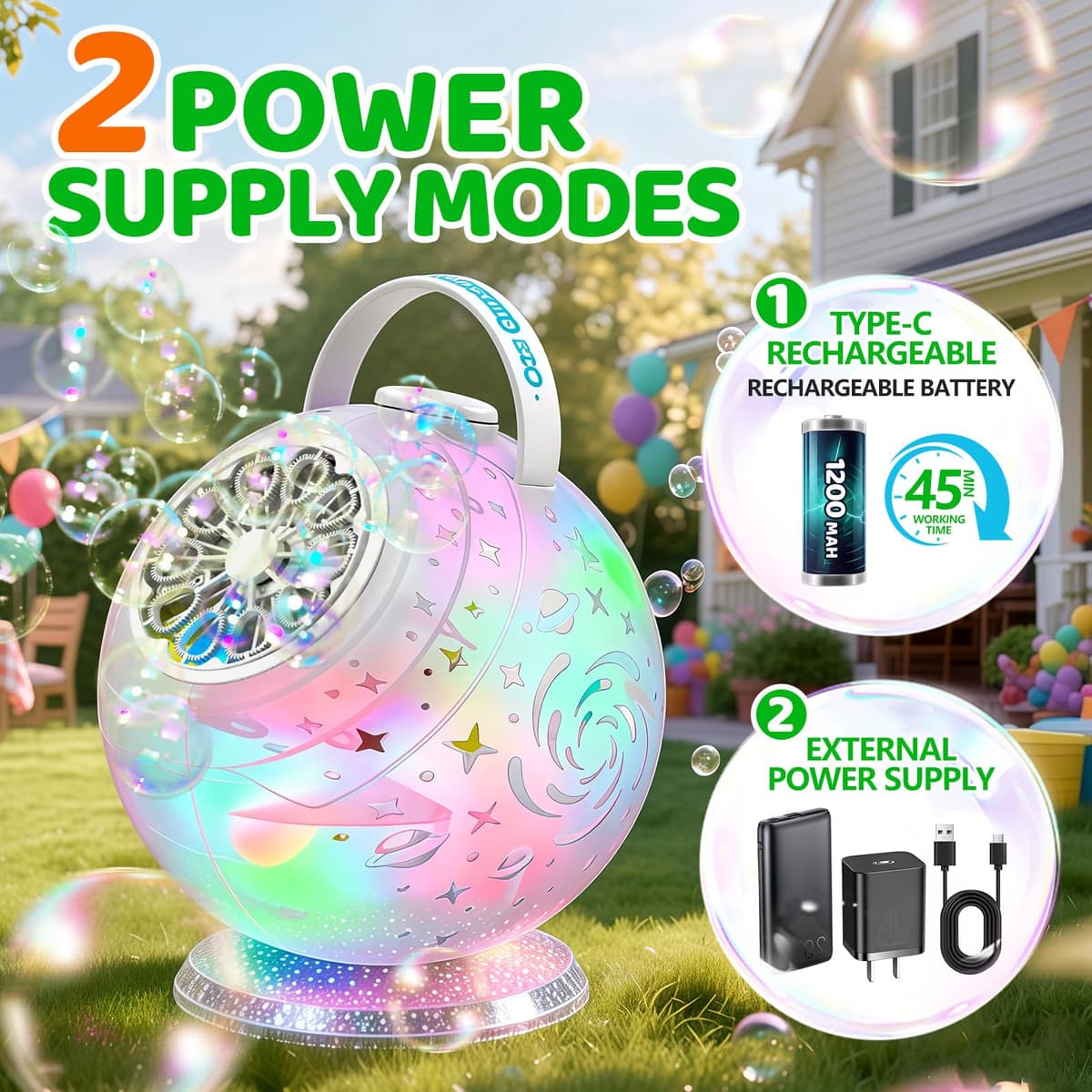 Tecnock Máquina de Burbujas Recargable con Mando a Distancia, Rotación 90°/360°, 20000+ Burbujas/Min, Luces LED de 7 Colores, Batería 1200 mAh, 45 Min de Autonomía, USB-C, para Niños, Fiestas y Bodas — view 2