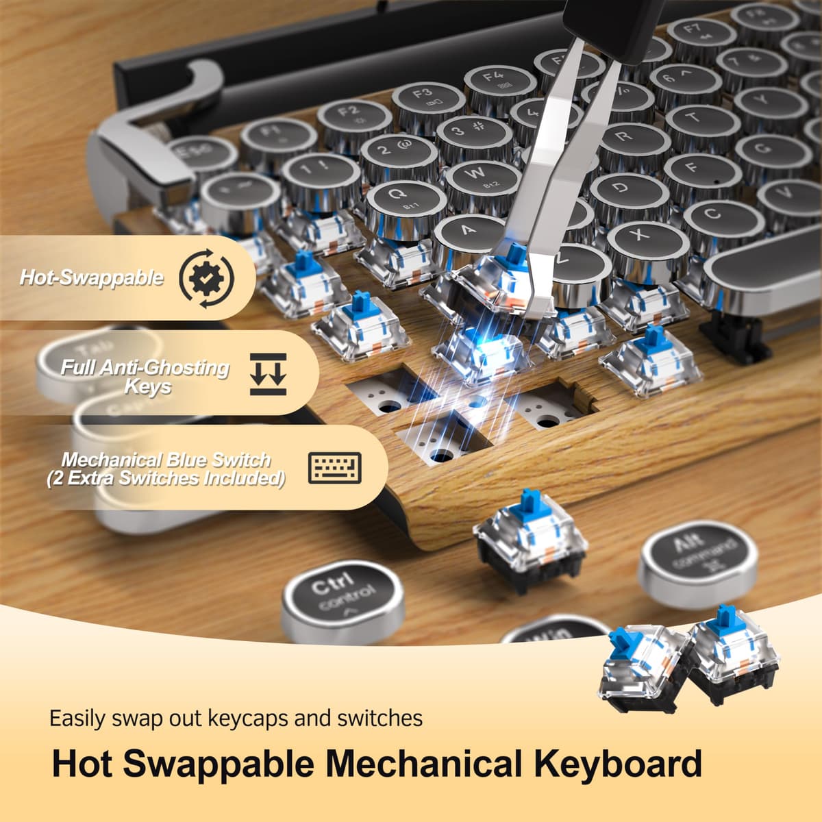 Retro Typewriter Wireless Mechanical Gaming Keyboard, Bluetooth 5.0 Office Computer Vintage Keyboards 83-Key Blue Switches Punk Round Keycap, LED Backlight, Compatible with PC/Laptop/Pad/Phone, Wood — view 3